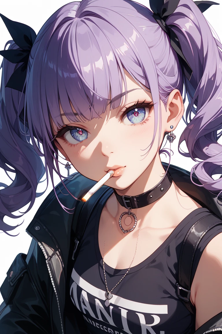 1girl, fashi-girl, bangs, black gloves, black choker, collarbone, earrings, finger to mouth, fingerless gloves, grey hair, index finger raised, jacket, jewelry, red lips, lipstick, long hair, looking at viewer, makeup, nail polish, parted lips, ponytail, portrait, smile, purple eyes, purple nails, shushing, solo,[[realistic]],(shiny skin),(masterpiece:1.4),(best quality:1.4),gigantic breasts,red lips