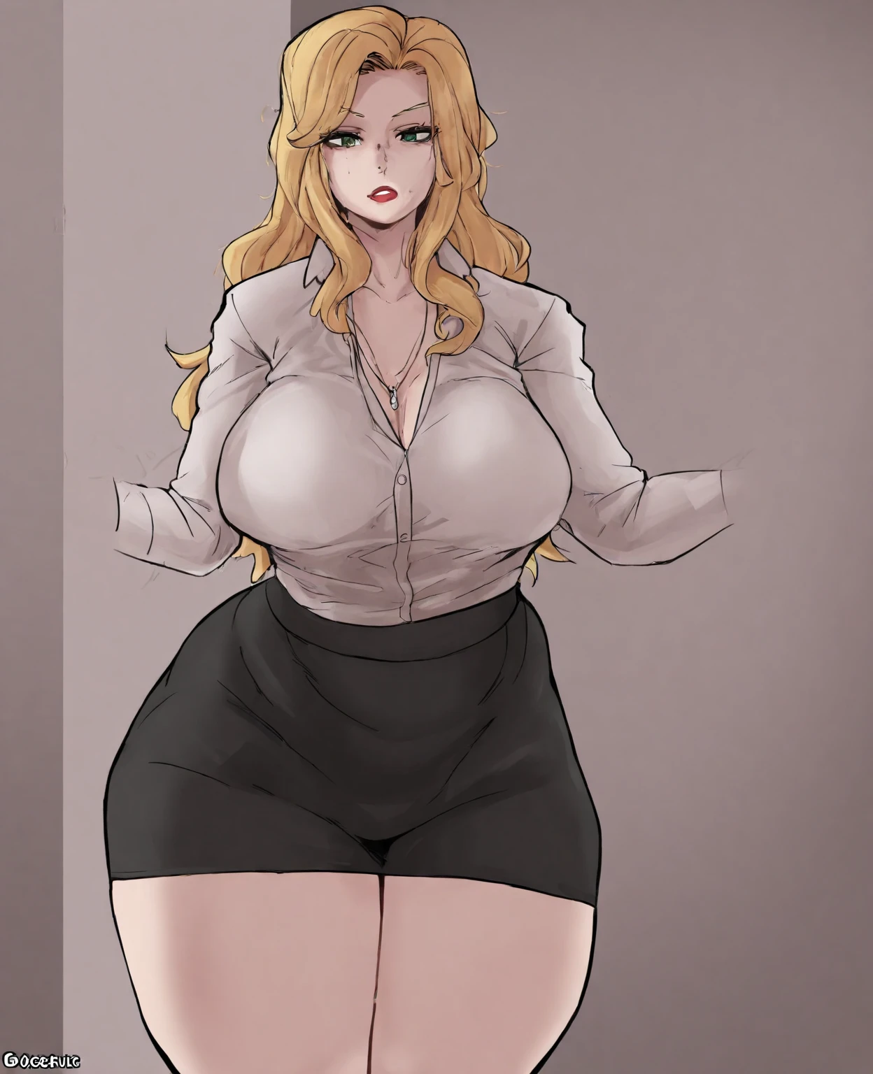 score_9, score_8_up, score_7_up, score_6_up, score_5_up, score_4_up,1girl, blonde_hair, long_hair, wavy_hair, lipstick, mature_female, huge_breasts, huge_ass, collared_shirt, short_sleeves, standing, half-closed_eyes, long_skirt, solo <lora:disgusted_face_xl_goofy:0.8> disgusted face, (high quality, detailed, beautiful)