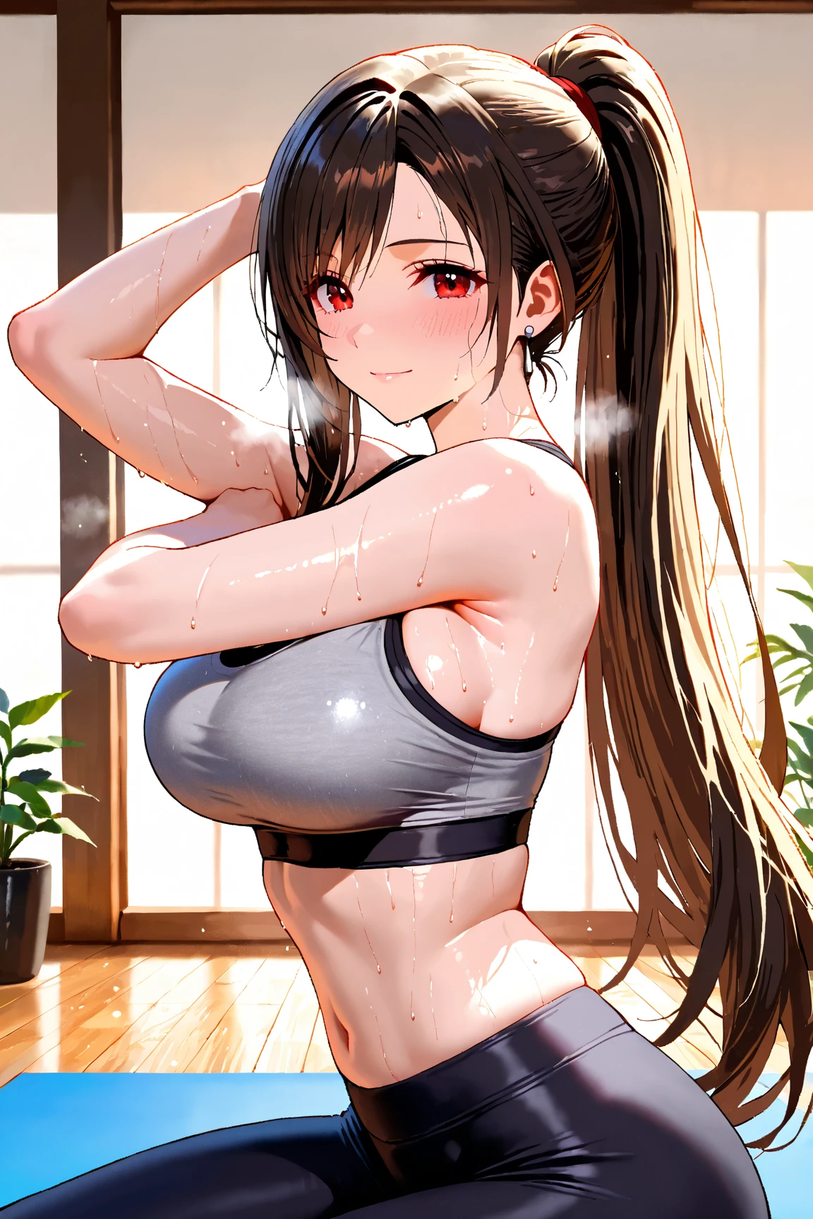 KaoriHojo, ((little girl)), ((10 years old)), ((short height)), ((bare shoulder)), (((presenting armpit))), (see-through), cleavage, ((white tank top)), ((arm up)), ((loli oppai)), ((big boobs)), ((large breasts)), ((under boobs)), ((boob curtain)), (hot pants), ((detached sleeves)), (potrait), (loose shirt, navel), (((seducing face)), wet body, (((height 135cm))), ((Squatting)), (Twintails), blurry background, oily skin, wet, detailed skin,