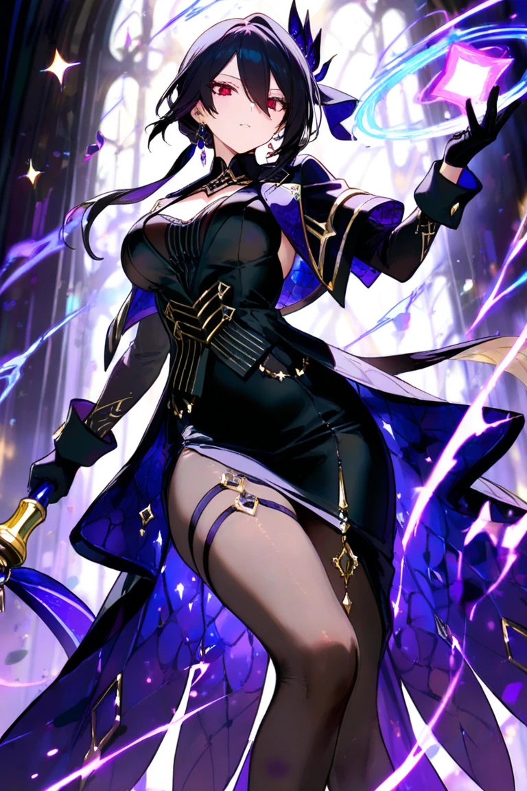 1girl, witch attire, pointy hat, purple hair, short hair, lipstick, purple eyes, blue fire, blue flames, wallpaper, landscape, depth of field, shadows of people in back, night, light particles, light rays, sidelighting, thighs, open jacket, skirt, thighhighs, hand on hips