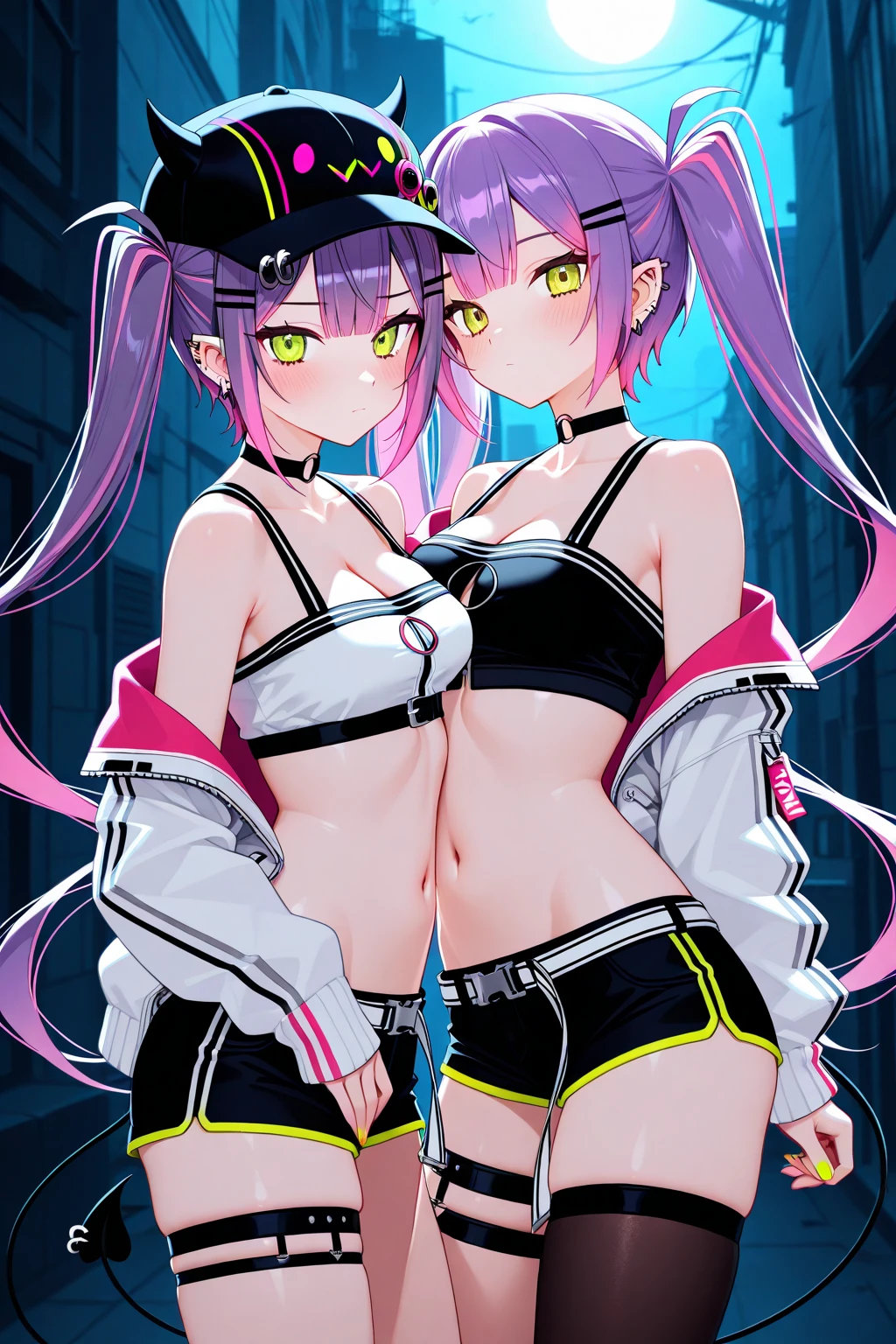 (masterpiece:1.37), best quality, (extremely detailed:1.37), woman, (very long hair:1.5), dark purple hair, purple eyes, (extremely detailed eyes:1.37), hoodie, navel, jeans, open fly, desperation, (wetting: self 3.0), standing, city, futuristic, neon lighting, high-tech