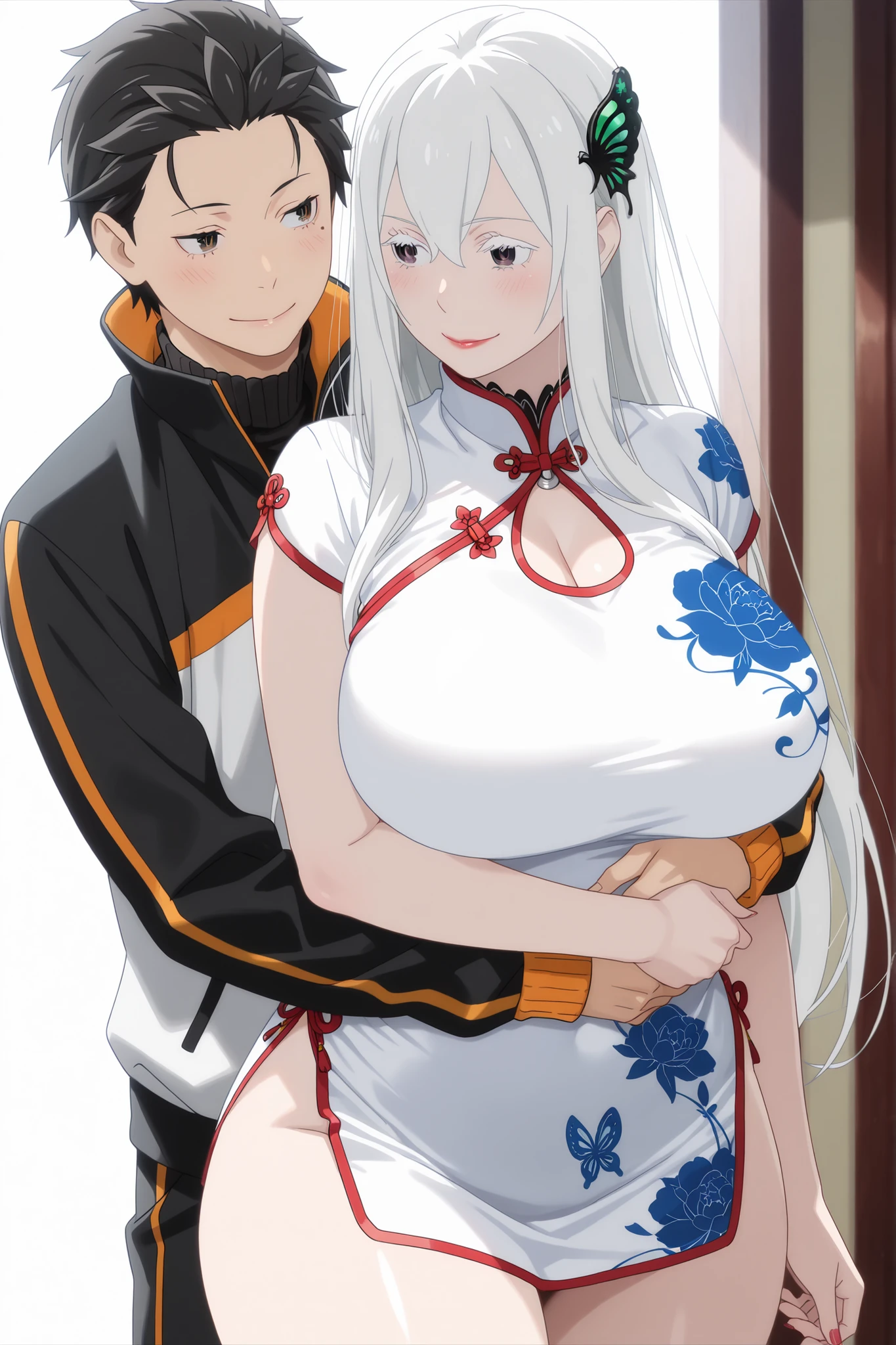 anime screencap, masterpiece, best quality, echidna, 1girl, mature female, long hair, white hair, butterfly hair ornament, hair between eyes, bangs, white eyelashes, Huge breast, Big Butt, lips, Red lipstick, Smile,view detailed body, ((short dress , china dress , turtleneck , curvy,)), 1boy , adult male, natsuki_subaru_locon , black hair , grey hair , brown eyes, jacket , natsuki subaru , track jacket , hug, realistic, photorealistic, detailed shadows, realistic shadows, blush