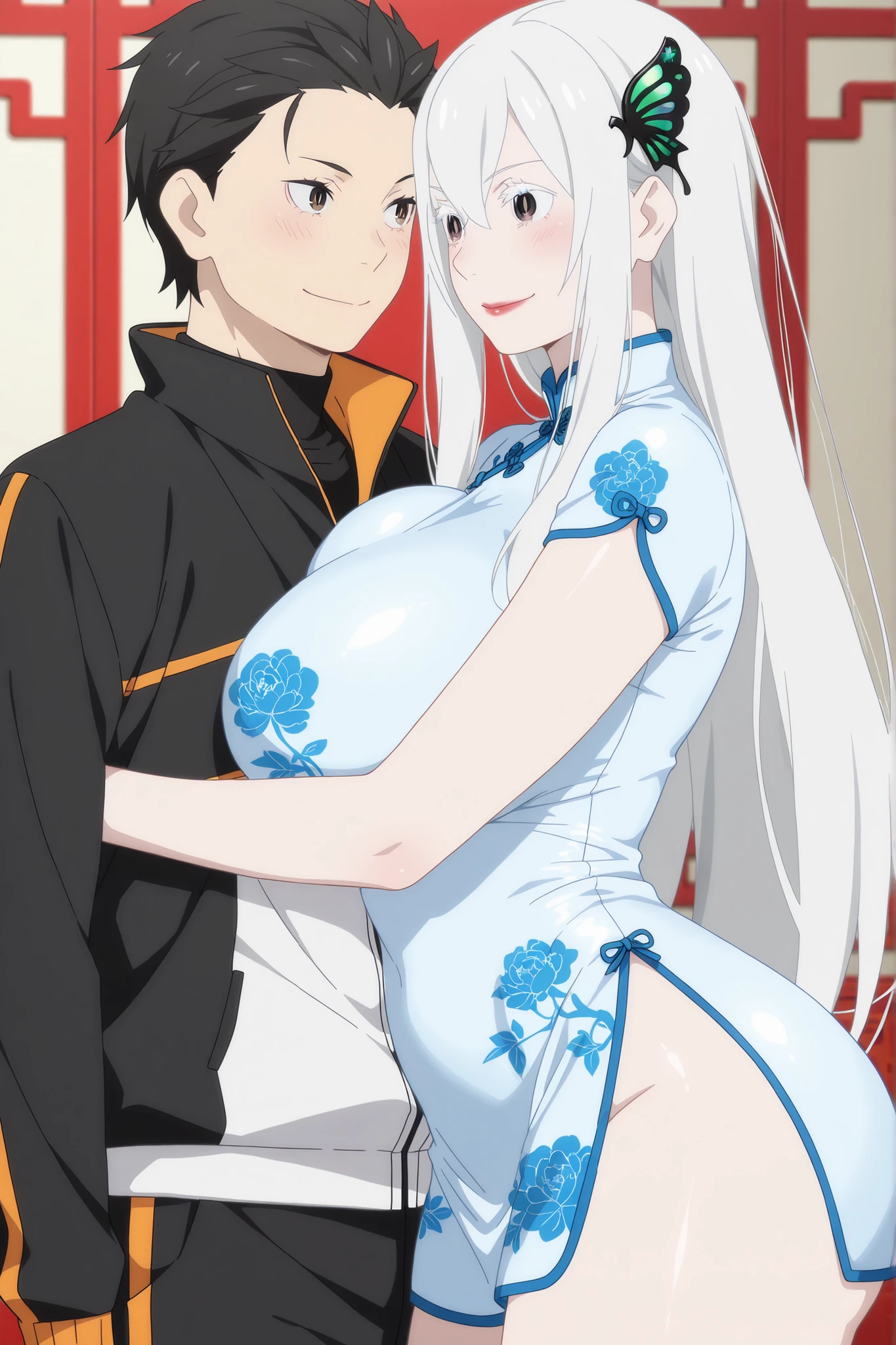 anime screencap, masterpiece, best quality, echidna, 1girl, mature female, long hair, white hair, butterfly hair ornament, hair between eyes, bangs, white eyelashes, Huge breast, Big Butt, lips, Red lipstick, Smile,view detailed body, ((short dress , china dress , turtleneck , curvy,)), 1boy , adult male, natsuki_subaru_locon , black hair , grey hair , brown eyes, jacket , natsuki subaru , track jacket , hug, realistic, photorealistic, detailed shadows, realistic shadows, blush