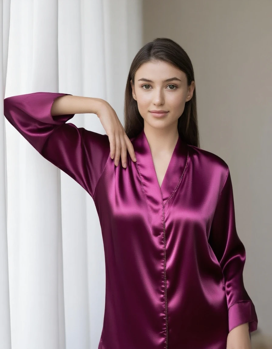 (masterpiece, best quality), 1girl,  Smoky Purple Sleek Low Bun, Size A breasts,  short bathrobe