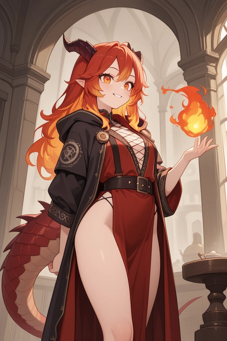 Beautiful sexy pregnant female sorceress, seductive pose, cleavage, orange hair