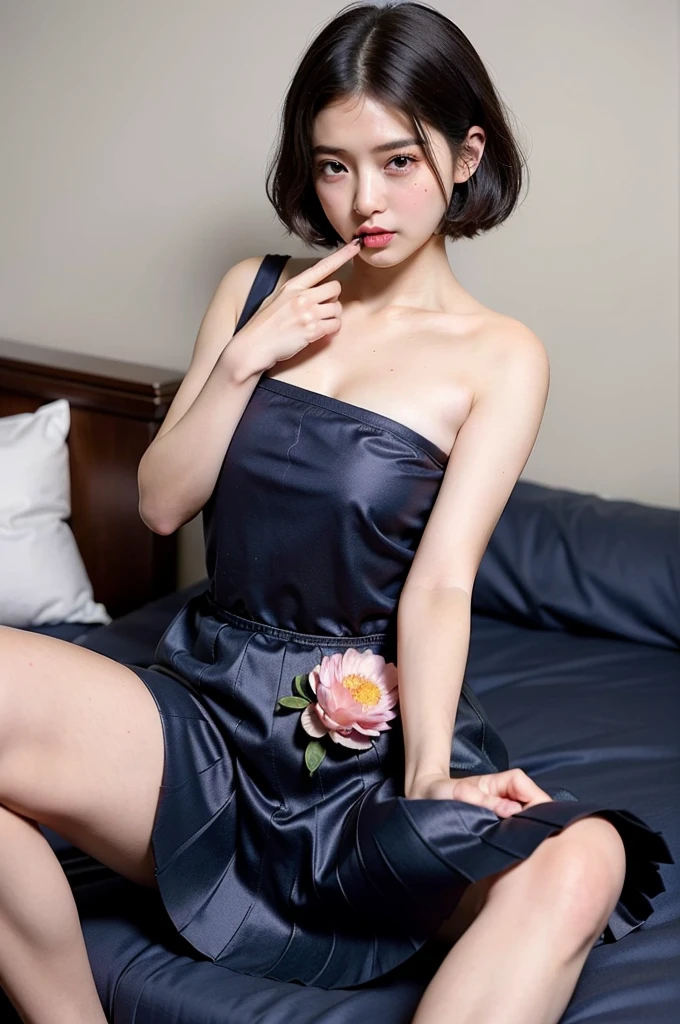 Highest quality, ((masterpiece:1.4))、((Browsing Caution:1.4))、 (Original photo, photoRealistic, Realistic:1.3), High-definition CG16K unified wallpaper, (Best aesthetics, Natural light:1.1), ((Shooting from below:1.4))、((Sitting on the bed:1.4))、Ultra-high resolution, (Correct Anatomy:1.5), ((Highly detailed skin texture:1.1))、((View from the front:1.3)), Cowboy Shot:1.7、1 girl, Japanese women, alone, Looking at the audience、((Slim figure:1.4))、((A girl in a black floral evening dress:1.5))、 (16 years old:1.4)、((A woman looking down with a sad expression:1.4))、(Innocent face:1.3)、((Super short cut girl:1.4))、((Medium sized breasts:1.5))、((Bedroom:1.4))、 black eye、Detailed nose, Beautiful Lips、smile:1.8,