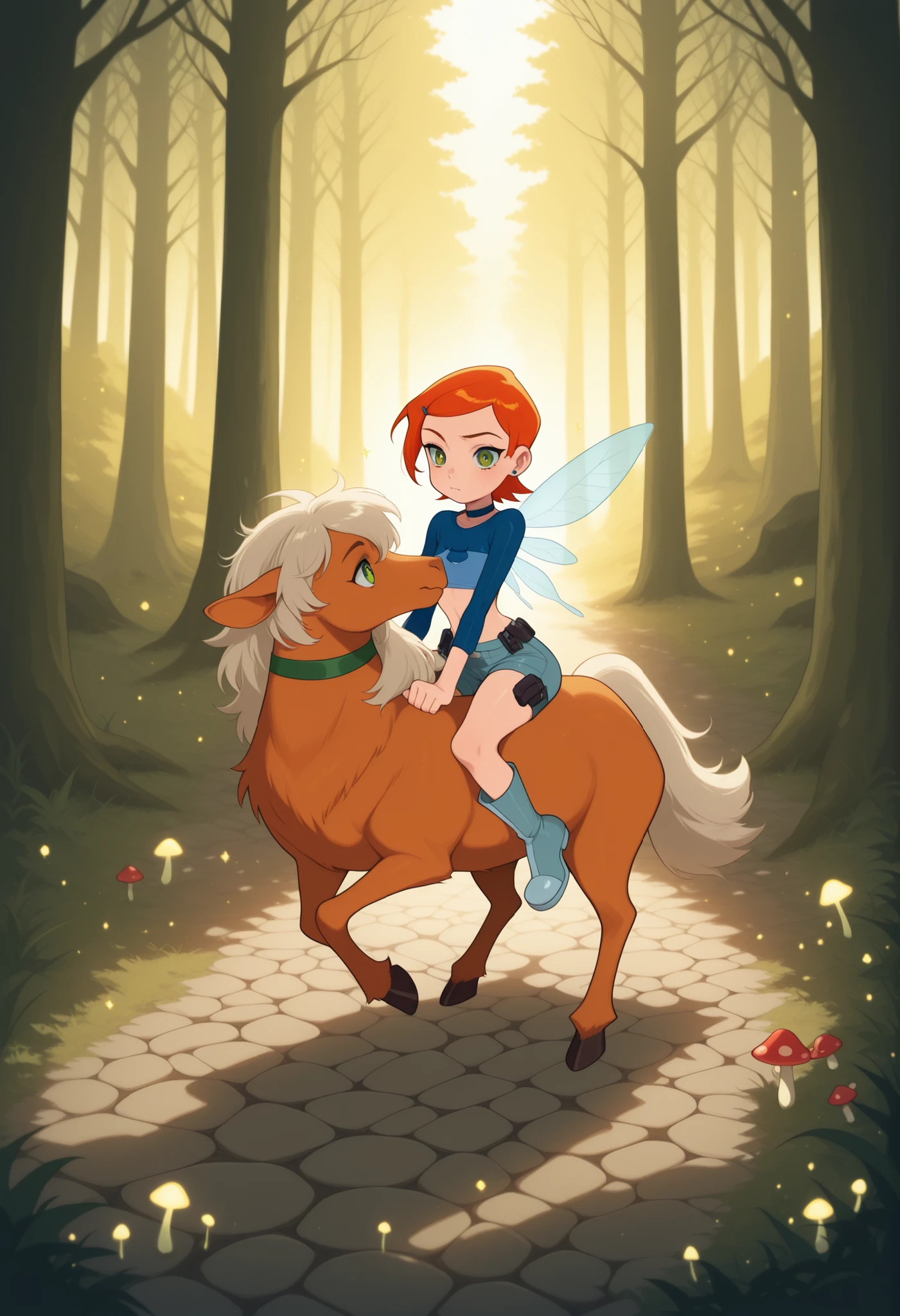 Gwen Tennyson . ginger . short hair . green eyes . flat breasts, flat chest, wide hips. gigantic ass, choker . | metasequoia_autumn,samoed,anime style, fairy girl, clearly straddling and riding on the back of a large fluffy fantasy samoed, seated with legs astride the samoed back, holding onto a small vine-rein or magical handle, soft shiny fur on the samoed, wialking energetically down a glowing forest path, floating magical particles in the air, cobblestone trail with sparkling flowers and glowing mushrooms, fairy academy towers in the far background through misty trees, warm morning sunlight streaming through leaves, high detail, cute fantasy commute, whimsical and light-hearted mood, dynamic riding pose, stable composition with full-body view of both fairy and samoed, shorts, top crop