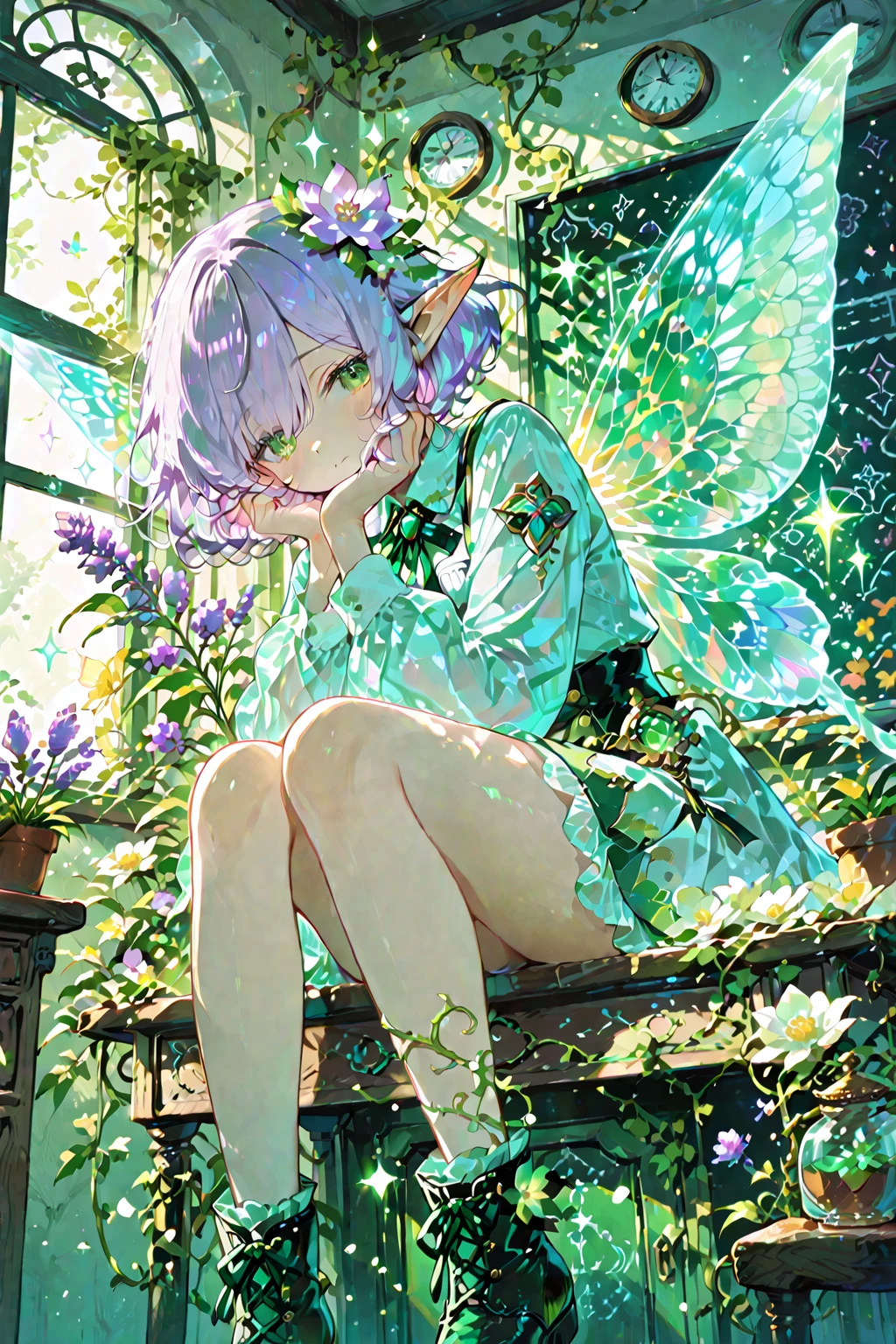 A twelve-year-old flower fairy with lilac hair and transparent, iridescent wings practices fundamental spells at a windowside desk. Her petal-made uniform features a lavender-to-cream gradient. Emerald-green eyes show nervous determination. A macro low-angle shot captures her, the tiny magic tools, and swirling sparkles of failed spells. Through the window, a magical garden with vibrant flowers and vines is visible. Inside, other fairy students murmur softly, and runic spell formulas cover the chalkboard, creating a warm academic anime atmosphere.
