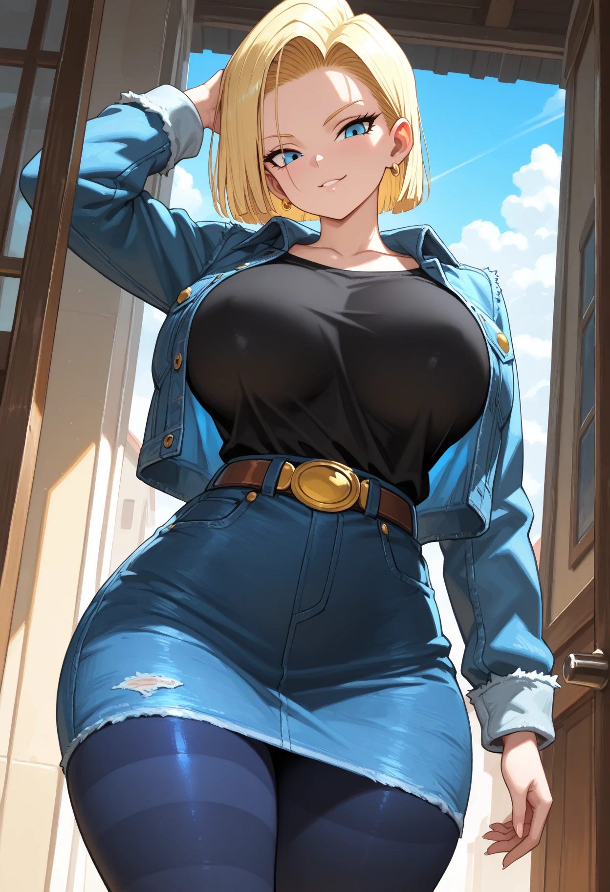score_9, score_8_up, score_7_up, score_6_up, score_5_up, score_4_up, rating_safe
BREAK
android 18, blonde hair, light blue eyes, bob cut, forehead,
BREAK
solo, standing, skinny, large breasts, white shirt, denim jacket, denim skirt, black leggings, thigh gap, adjusting hair,
BREAK
black background, from below,
BREAK
cinematic, cyancapsule, <lora:Lunas-CyanCapsule-SDXL-A1:1>