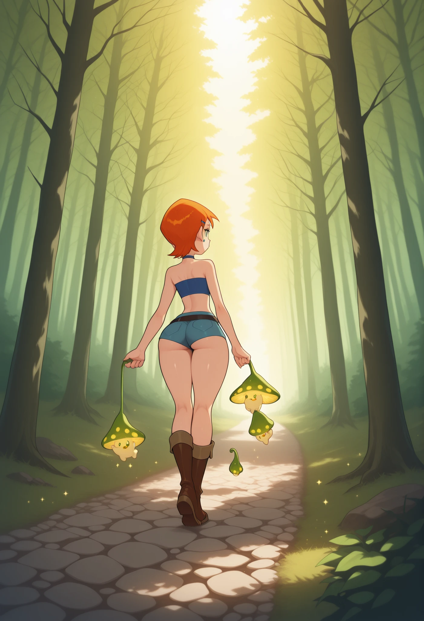Gwen Tennyson . ginger . short hair . green eyes . flat breasts, flat chest, wide hips. gigantic ass, choker . | metasequoia_autumn,samoed,anime style, fairy girl, clearly straddling and riding on the back of a large fluffy fantasy samoed, seated with legs astride the samoed back, holding onto a small vine-rein or magical handle, soft shiny fur on the samoed, wialking energetically down a glowing forest path, floating magical particles in the air, cobblestone trail with sparkling flowers and glowing mushrooms, fairy academy towers in the far background through misty trees, warm morning sunlight streaming through leaves, high detail, cute fantasy commute, whimsical and light-hearted mood, dynamic riding pose, stable composition with full-body view of both fairy and samoed, shorts, top crop