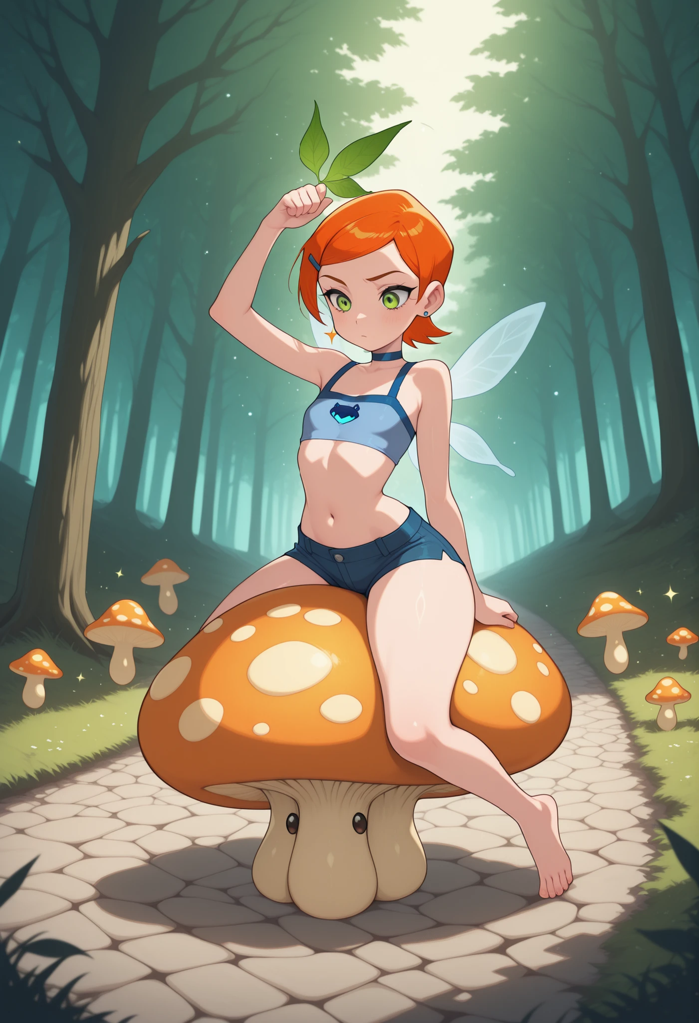 Gwen Tennyson . ginger . short hair . green eyes . flat breasts, flat chest, wide hips. gigantic ass, choker . | metasequoia_autumn,samoed,anime style, fairy girl, clearly straddling and riding on the back of a large fluffy fantasy samoed, seated with legs astride the samoed back, holding onto a small vine-rein or magical handle, soft shiny fur on the samoed, wialking energetically down a glowing forest path, floating magical particles in the air, cobblestone trail with sparkling flowers and glowing mushrooms, fairy academy towers in the far background through misty trees, warm morning sunlight streaming through leaves, high detail, cute fantasy commute, whimsical and light-hearted mood, dynamic riding pose, stable composition with full-body view of both fairy and samoed, shorts, top crop