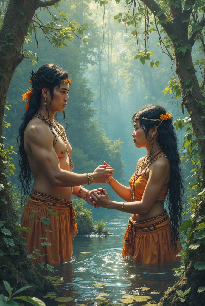 Against the background of the atmosphere between the forest banks and cascading waterfalls, a couple of lovers, handsome man with long shoulder length hair wearing a Javanese headband or blangkon, beautiful woman with loose hair, the faces of men and women are clearly visible, hand in hand, wearing clothes of the Majapahit era, clothing featuring intricate batik motifs, standing among the river rocks, behind the waterfall, dim night atmosphere with moonlight covered by dark clouds, realistic lighting, like the story of Jaka Tarub and Nawang Wulan.