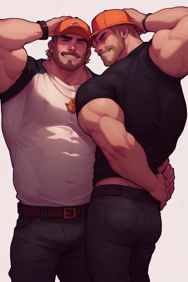masterpiece, best quality, 2boys, adult males, beards, chavs, rough, dirty, Mancunian, mean, bullies, druggies, skinheads, in front of suburban house, hugging, homoerotic, realistic, dramatic lighting, atmospheric, intricate detail
