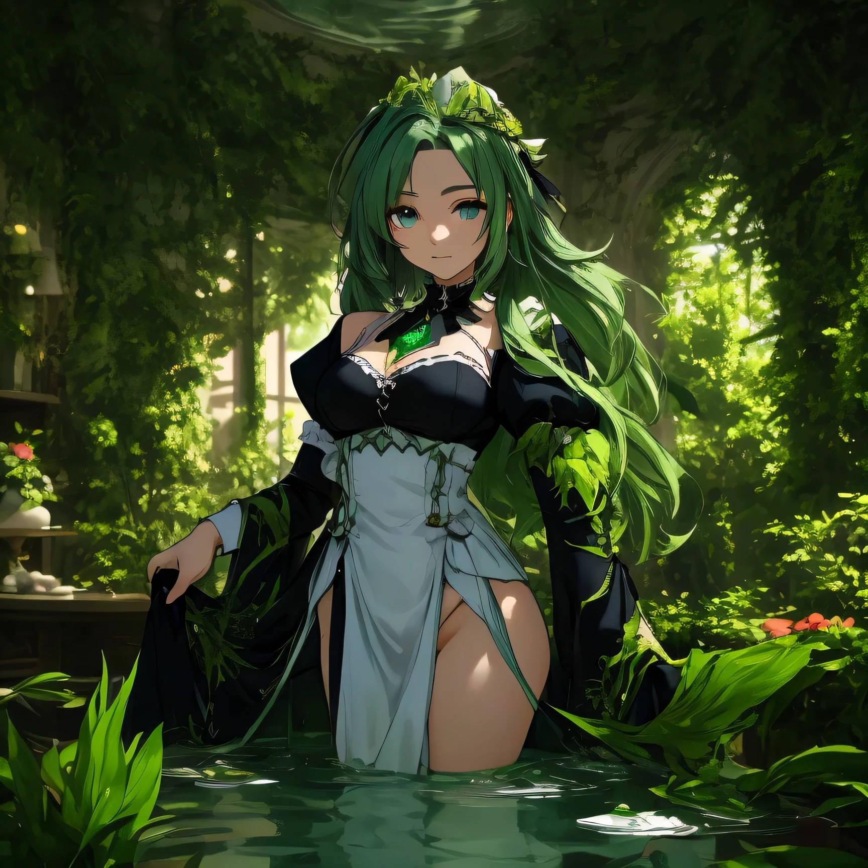 日本动画片 穿着green bikini的女孩坐在瀑布附近的水中, Concept art inspired by Kamagurka, deviantart contest winner, fantasy art, high resolution committee, Hot reptilian humanoid woman, corporate committee, commission, Green swimsuit, Extremely detailed Artgerm, highly detailed exquisite fanart, commissioned art, sfw version, queen of nature, Detailed fanart, green bikini