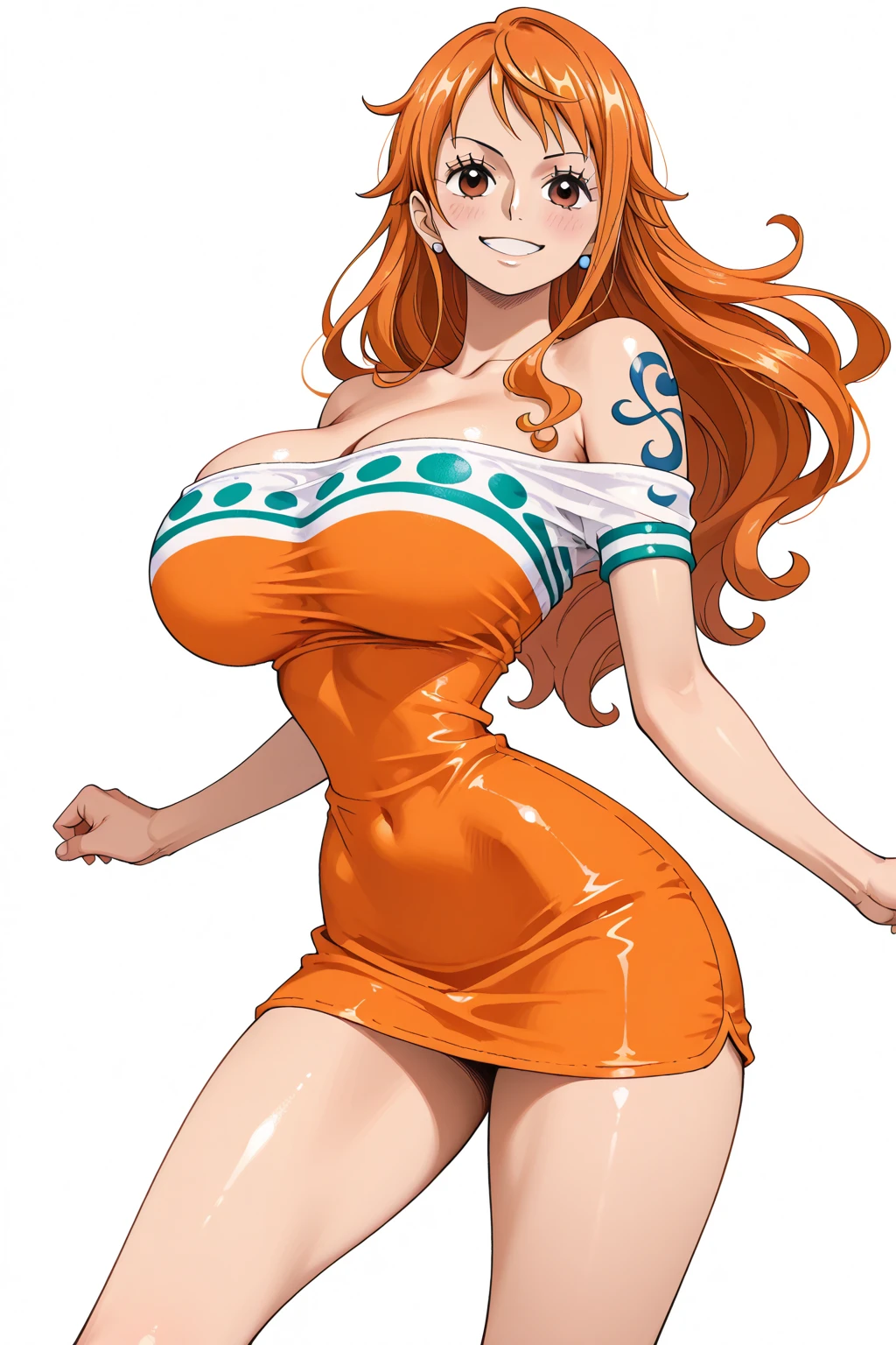 Cocktail dress, body fit see through,curvy athletic body, nami, orange long hair, brown eyes, looking at viewer, shy, smiling