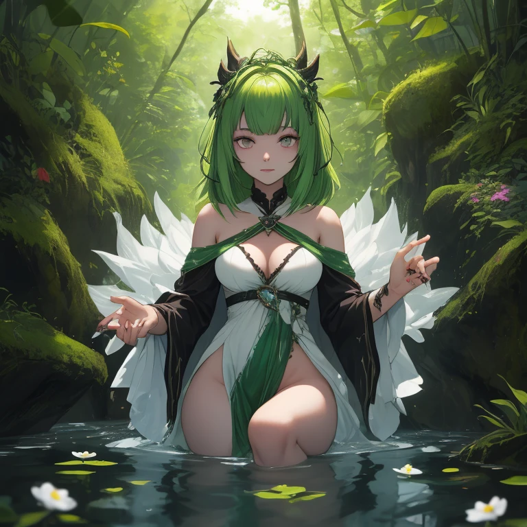 green robe, watching a sunset on a hill with a big lush forest, ((masterpiece, best quality)), (8k, 4k), volumetric lighting, futuristic, yellow eyes, detailed eyes, hyper detailed, colorful, vibrant colors, ultra-detailed, illustration, sharp focus, soft lighting, cinematic lighting, specular lighting, ulzzang-6500, trending on artstation,