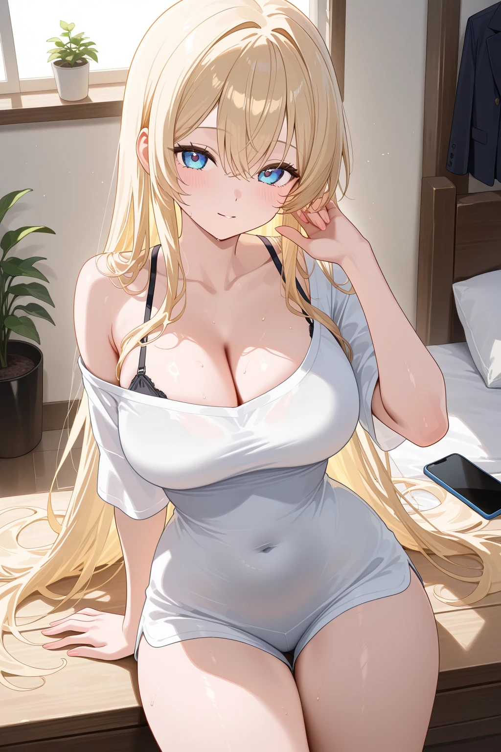 Super detailed、masterpiece,アニメ,big breast,long hair, tentades ,naked apron,Seductive Face,wariza,sitting on the bed