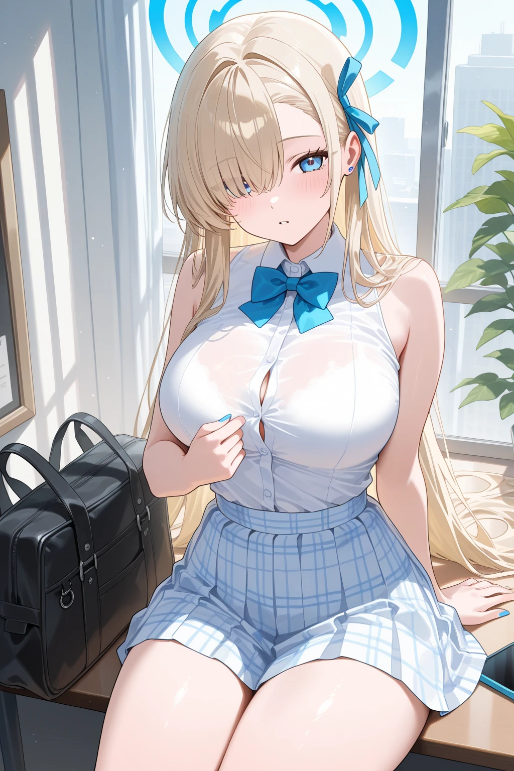 ((best quality)), ((masterpiece)), (detailed), anime girl in office uniform 25 years old, big breasts, neckline en un paisaje de una oficina lujosa, neckline, mini skirt, ((views)),((view from above))