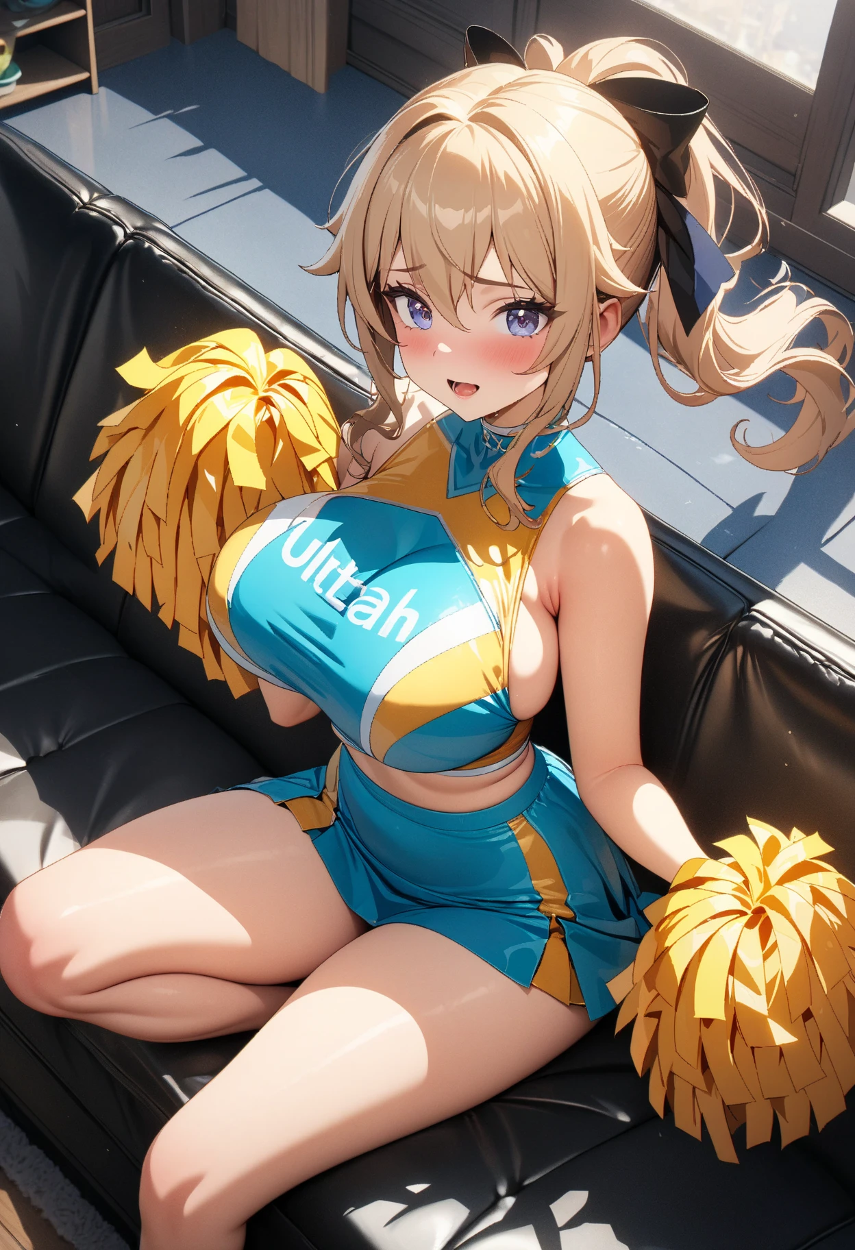 Cheerleader, Dancing, sit, Stepping、Spread your legs、Blonde twin tails,((nsfw)), (((nude))),((pussy)),From below、stage