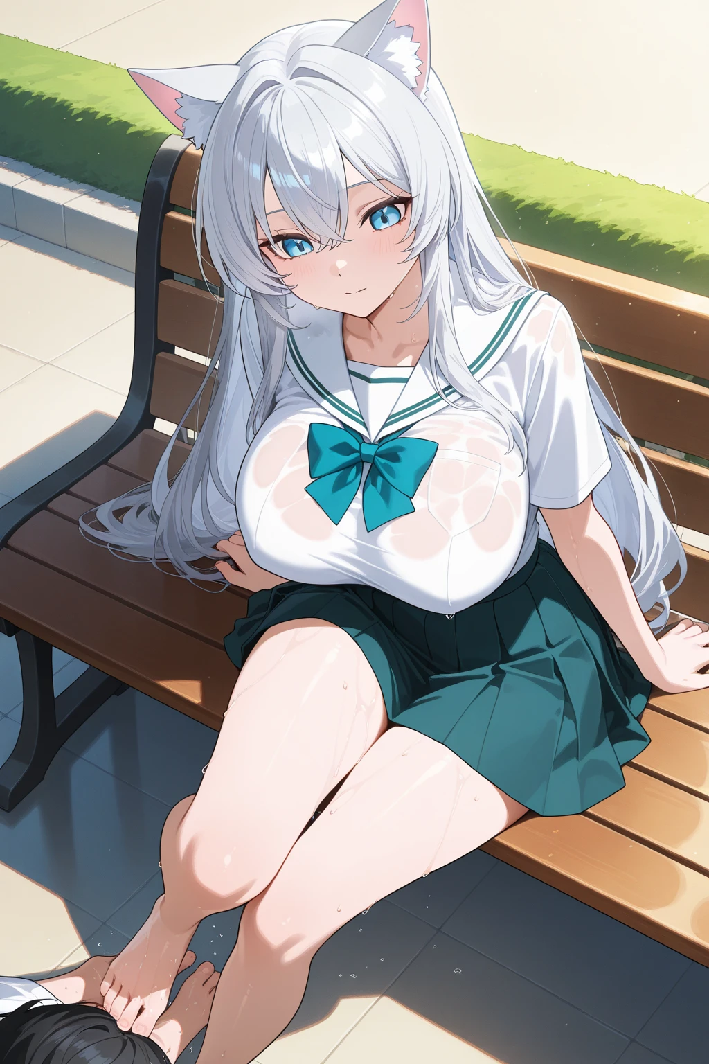 (((masterpiece))), ShizukaMikazuki, One Girl, alone, Make eye contact,Long Hair, Gray Hair, Long sleeve, Huge breasts,Cleavage, Large Breasts, Mature Body,clavicle, Jacket, Open clothes, open Jacket, blue hoodie, Play sports often, blue eyes,Earrings ,Choker with charm,Sweat,High Ponytail,A troubled and embarrassed face, smile,Thick lips,Increase breast size, Make the face a little smaller,Abdominal muscles,Exposed nipples,Exposed Pussy,dusk park, arms behind head