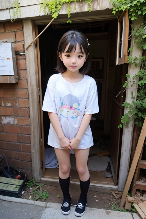 8K,Japanese,9 years old,innocent face,teenage girl,cute,summer clothes,everyday wear,sitting,black hair,bed,short hair,thighs,stuffed toy