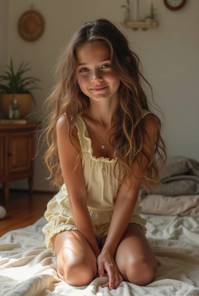 (photorealism:1.2), beautiful , 8 year, sitting on bed, wearing loose off-shoulder top, pajama pants, long curly hair, indoors, soft lighting, plants in background, window with sunlight, cozy room, relaxed pose, realistic, intricate details, warm colors, by Greg Rutkowski, by Alphonse Mucha