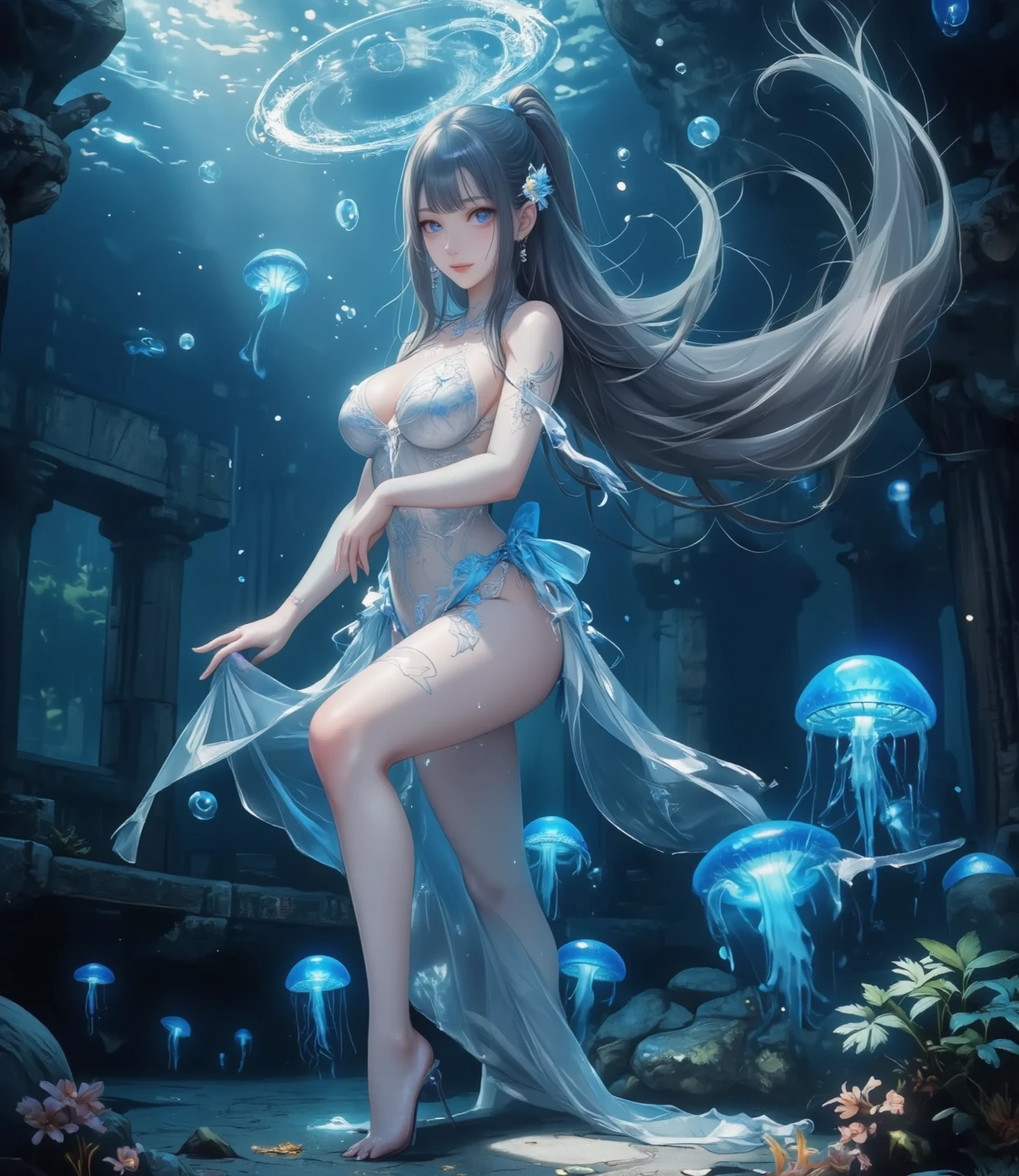 NSFW、((Hyper-Realism:1.37))、radiosity rendering、masterpiece、Bestquality、extremely detailed 、BokeH、smooth shading、((Childish)|(Gigantic cleavage:1.37、fatness))、(((detailed beautiful face))), (Outer space、 Floating in the SPACE)、(((Oppai-Loli、solo 1girl、Wide Shot)))、(FullBody、From below:1.5、Looking ahead)、Wetted Porcelain skin、Floating hair、(Nipple shadow、Detailed Clear Nipples)、detailed open crotch、(The shape of the pubic area is Clearly Visible)、ass visible through thighs、Wetted White very tiny string bikini、(underboob:1.2)、Black high collar、elbow_gloves、zydG、perfect eyes、