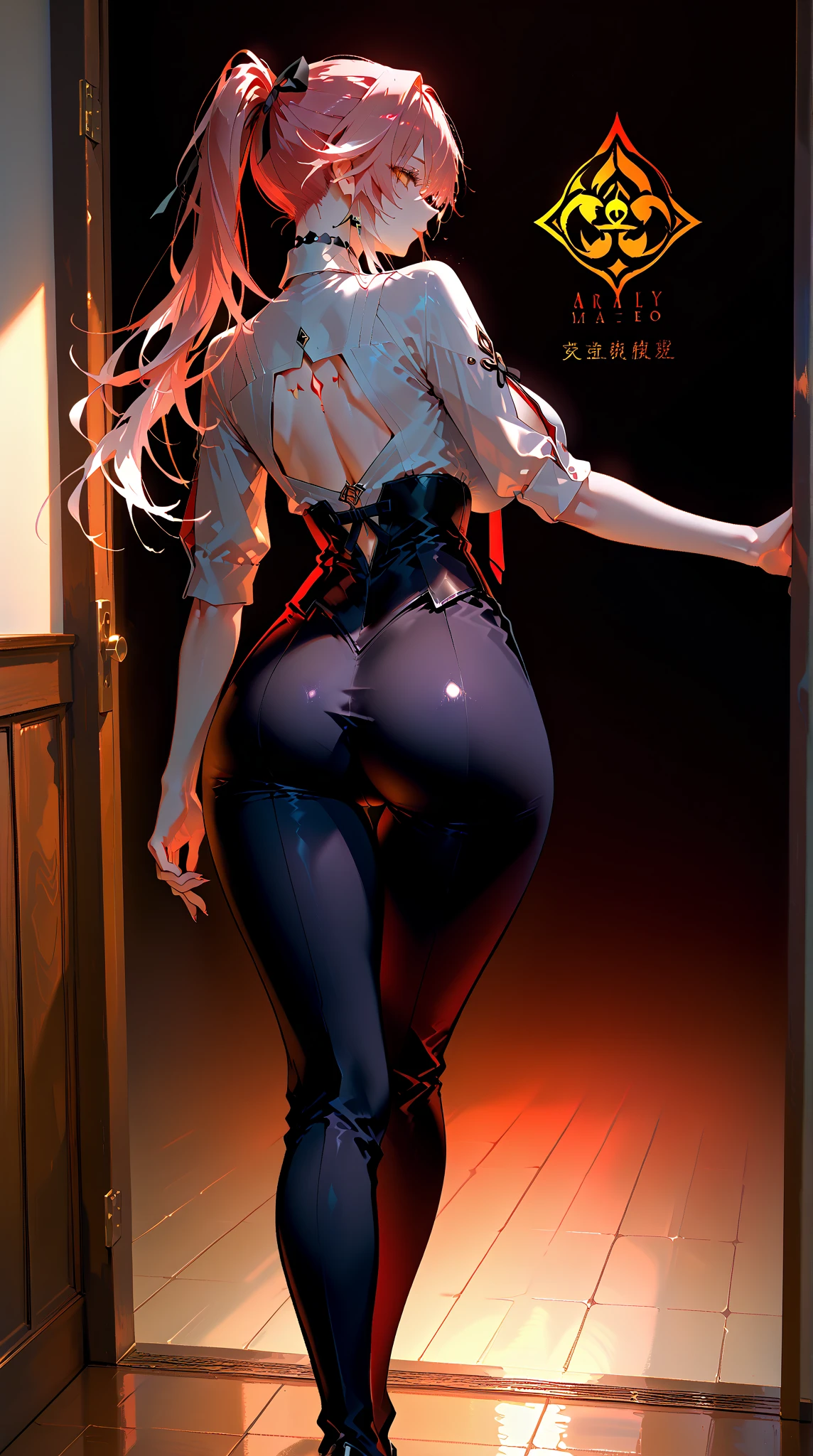 {{masterpiece, best quality, extremely detailed CG, unity 8k wallpaper,anatomically correct,ultra resolution}},Award-winning photography,(best illumination,Very Delicate and Beautiful),{one girl,solo,loli:1.5},from behimd,Vampire,deadly killer,silver hair,(twintails:1.2),glowing red eyes,pale skin,(extremely beautiful and detailed face:1.2), (extremely beautiful and detailed eyes:1.2),perfect hands,delicate legs,((bat hair ornament)),(epic,unholy,mystical),pointy ears,((black leather long jacket:1.5,gothic blouse,black leather pants,black leather shoes,black leather gloves,popped collar:1.3,chain)),looking at viewer,looking back,(point at viewer:1.4),(ferocious:1.2),dark persona,evil,(cute:1.5),((night, dark atmosphere, dark theme, darkness:1.5)),dramatic shadows,(dimly lit:1.5),blood on face,blood on floor, blood on walls,(blood mist,blood splash:1.4),depth of field,(In the corridor:1.2,castlevania:1.2,massacre:1.2),{perfect human body structure with maximum precision}