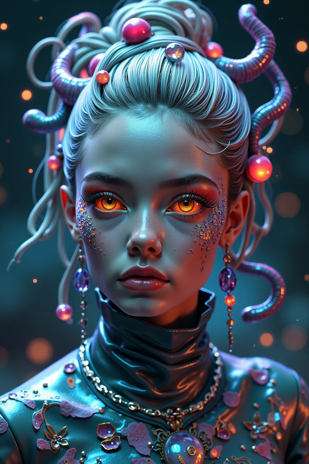 scary and sexy detailed art in color, Portrait, (beautiful and  female alien:1.4), (vulgarity1.5), (she has glowing red eyes with no pupils:1.8), (Translucent skin:1.7),  ((There is a female -like organ in the middle of the forehead:1.9)), (The most beautiful face in the history of the universe:1.2),an evil gaze that seduces, (large mouth:1.1), (sharp teeth like a vampire:1.2), Full body portrait, (bio luminescent:1.5), (Smile wickedly:1.3),  (sexypose:1.5), incredibly beautiful matured alien, (she has unparalleled beauty:1.5),  No humans, cells are fused, (Lots of translucent tentacles:1.6) extraterrestrial, cell, bio image, best quality, 8K,In 4K_quality, High freshness, Dramatic Lighting, masterpiece:1.5, cinematic quality, detail up, (exquisite details:1.2), high resolution, High freshness, drawing faithfully, (Thick eyebrows:1.2), Beautiful eyes with fine symmetry, (Highly detailed face and eyes:1.2),  (Super detailed skin quality feeling:1.1), perfect ,  (Beautiful toned body:1.5),  (Moist skin:1.2), not wearing makeup, (dark circles:1.1), long canines, cinematic drawing of characters, ultra high quality model, cinematic quality, detail up, (exquisite details:1.2), high resolution, High freshness, drawing faithfully, official art, Unity 8K Wall  , 8K Portrait, best quality, Very high resolution, ultra detailed artistic photography, midnight aura,  unreal engine 5, Ultra Sharp Focus, art by Amano Yoshitaka, ArtGerm, Roisch, intricate artwork, best quality, masterpiece, ultra high resolution, (photos realistic:1.4), ultra realistic realism, dream-like, nautilus, Creation of fantasy, Snail, Dream Snail, (biopunk nautilus:1.3),Thrilling color schemes, ultra realistic realism, seductively smiling, | (white tentacles with stripes:1.2), | subtle emerald green accents, (expression of :1.6) , in the dark, she has snake-like eyes