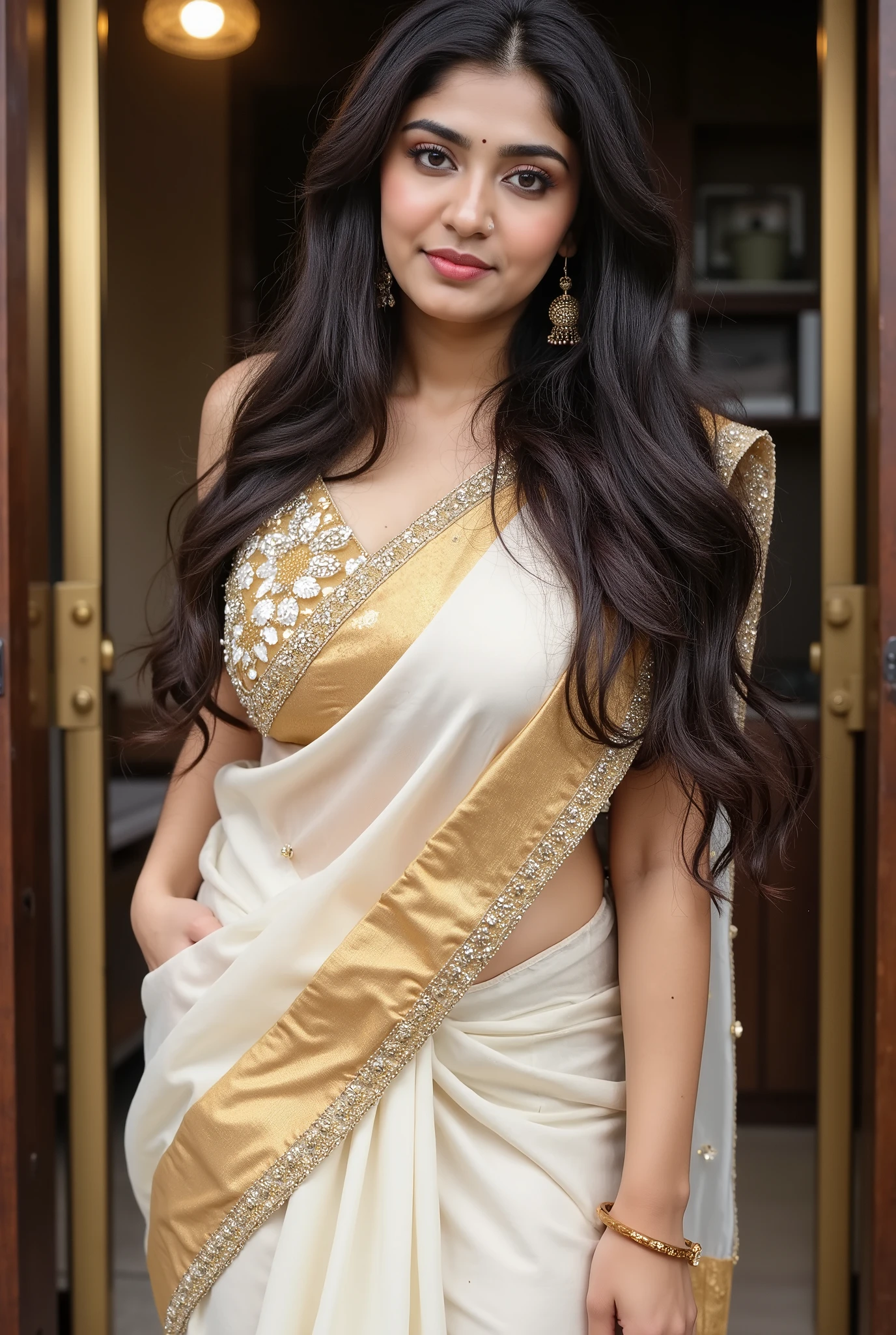 A full length photo of  malayali house wife, chubby cheecks, curly long  black hair, new innovative beautiful white and gold  designer saree and velvet  blouse,  in a nature resort in thailand,Looking at viewer, High Resolution, thick fat lips, a mole on her stomach, curvy stomach
