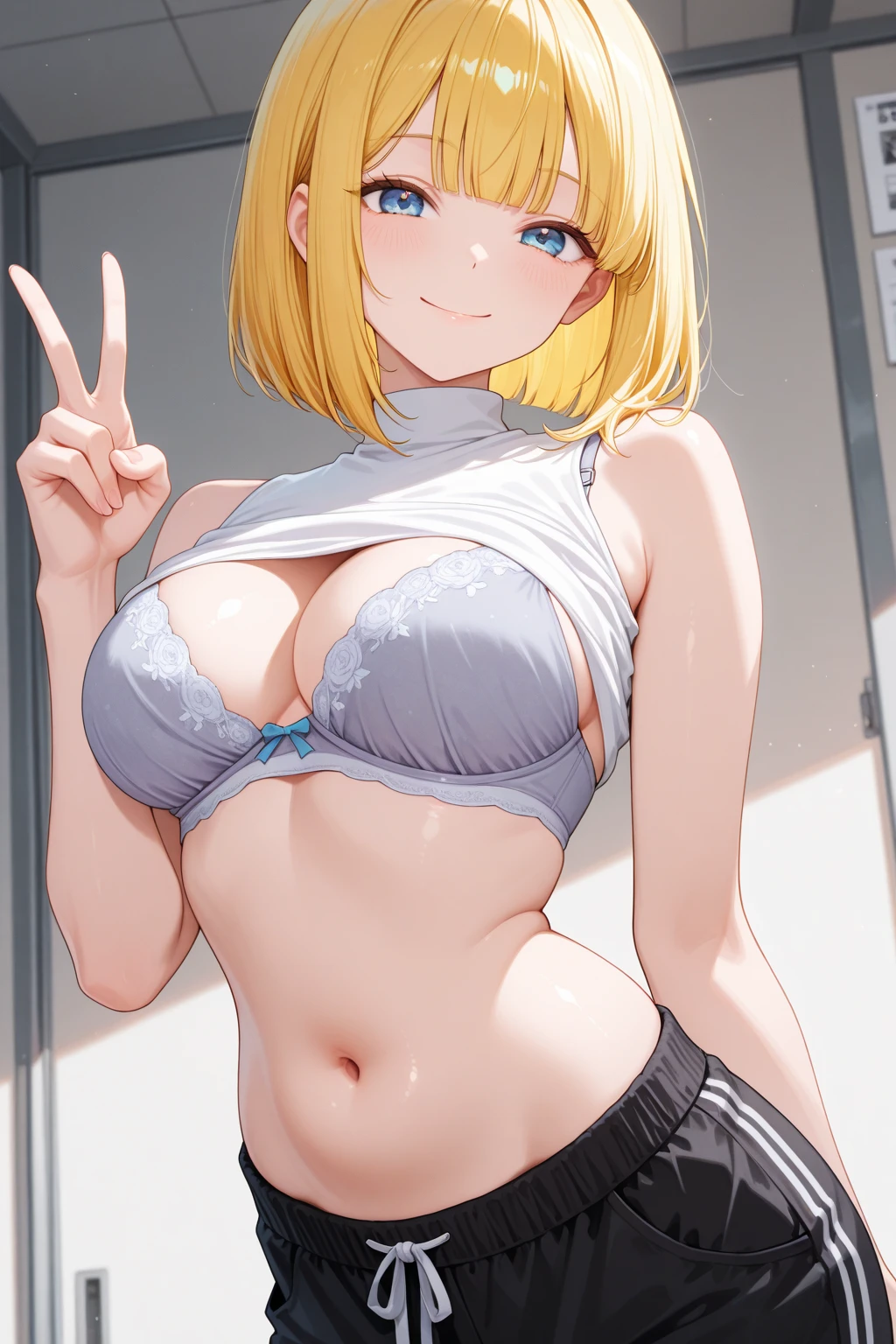 Selfie, close shot, crouching, spread two leg, seductive, nudity, one hand groping breast, arousing in heat, smirk, nipple, trimmed vagina, navel piercing, clitoris piercing, caucasian female, blonde straight short hair, blue eyes, medium breast, sexy pose, cleavage, seductive eyes, tempting, (((masterpiece))), ((best quality)), perfect hands, lightly Sweat, pounding blush