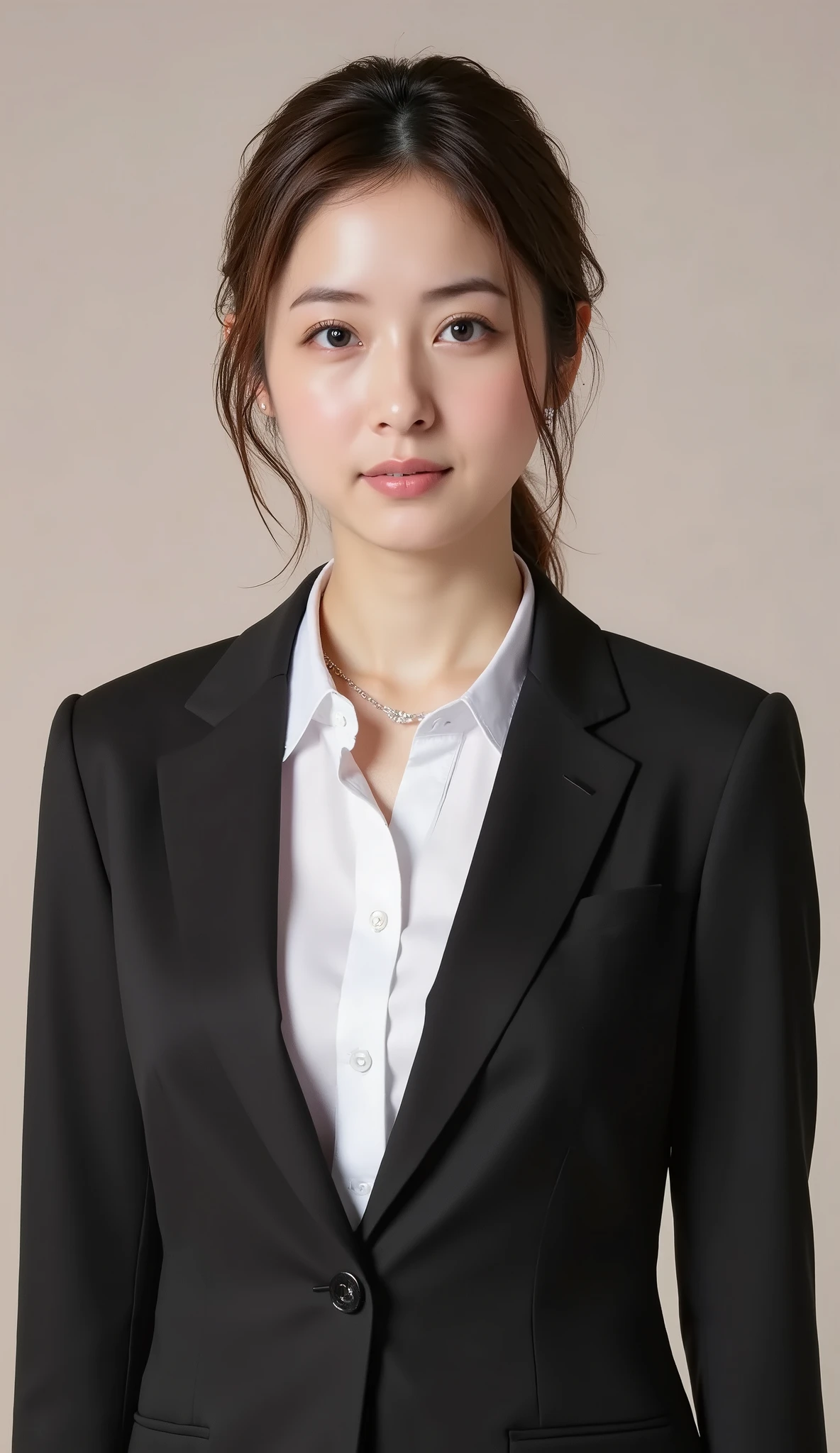 This is Japanese News Caster NHK News.., serious expression,黒髪、髪型ショートカット、ウェーブヘア、office lady suit、black jacket、white shirt、ear piercing、necklace、歯を見せた笑顔、