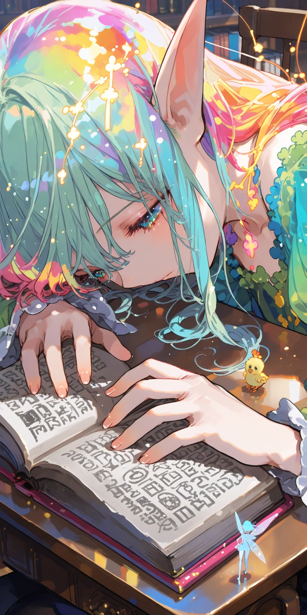 magic学校,class,magicの勉強,girl,Fairy,Elf,羽の生えたElf,magic,reading a book,sitting on a chair studying at a desk,colorful,close-up,anime chick,Safe Content (masterpiece, 最High Quality, High Quality, detailed background, complicated details,complicated,super high resolution, very pretty,Newest:1.2)