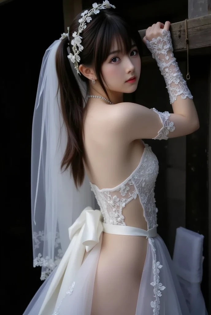 (((Pixel Perfect, Perfect details))), Solitary, 1 girl，bride, chunmomo, Keep your mouth shut，pink glossy lips,穿著bride禮服的特写,Gulwitz, (((bride頭紗)))，（Transparent short veil），blush，Eyeshadow，Blushing face，Flower head，headgear，((Bouquet))，((((tube top wedding dress))))，(((Strapless Wedding Dress))),(Bare shoulders)，Pure white dress，(((necklace)))，((earrings))，(large breasts:1.3)，Bangs，Lipstick，((White long elbow gloves)),Half-length photo,High Detail RAW Color Art,White long skirt,There is a railway track next to it，(standing on the railroad tracks:1.3),18 years old, （Long twin tails：1.5）, Black Hair,night,Rainy Day