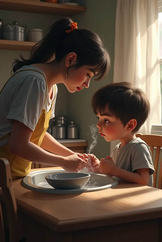 A small boy wearing school uniform tried to take the boiling milk from the stove to pour into a cup. But accidentally it's pour on his hand. His hand burning . His mom standing behind him