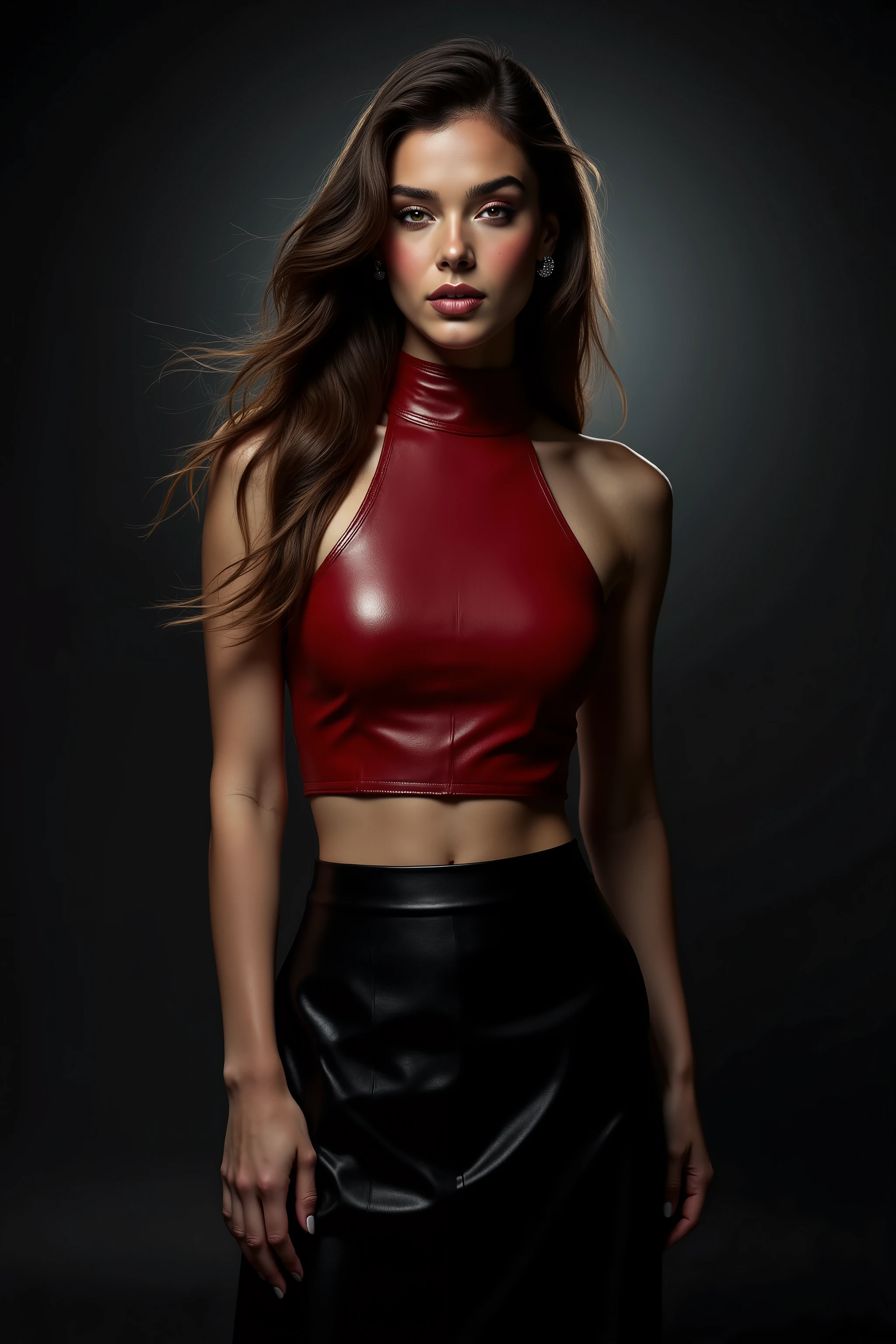 woman wearing a crimson leather turtleneck halter crop top and a black leather maxiskirt, long hair, dark grey natural studio background, studio lights behind her are pointing towards her