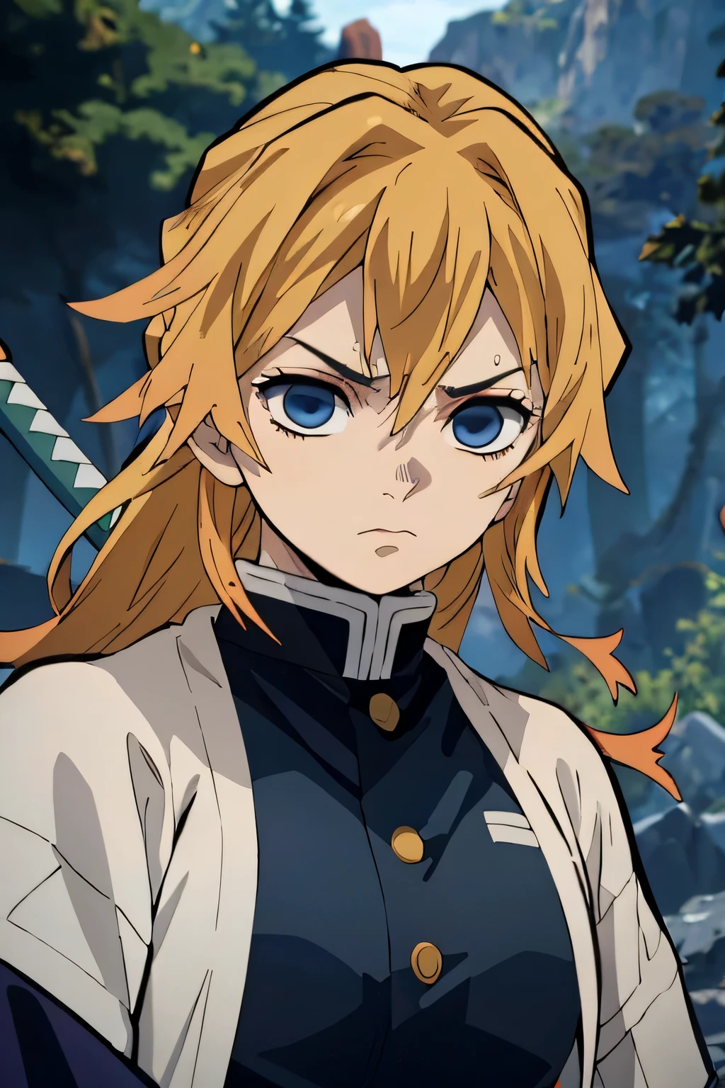 A detailed, blonde hair and striking green highlights, dressed in the style of the Demon Slayer anime, blue clothes, holding a katana sword, beautiful blue detailed eyes, extremely detailed eyes and face, intricate hairstyle, portrait, highly detailed, 8k, photorealistic, cinematic lighting, vibrant colors, dramatic atmosphere, fantasy concept, lightning, female, determined, blue demon slayer clothes, adult, leader, angry, early 20s, messy hair, long hair, clean lines