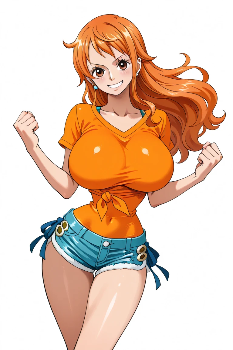 a cartoon picture of a woman in a bikini top and jeans, nami one piece, nami from one piece, nami, beautiful portrait of nami, from one piece, oppai, blue eyes, smoking, ponytail, nsfw