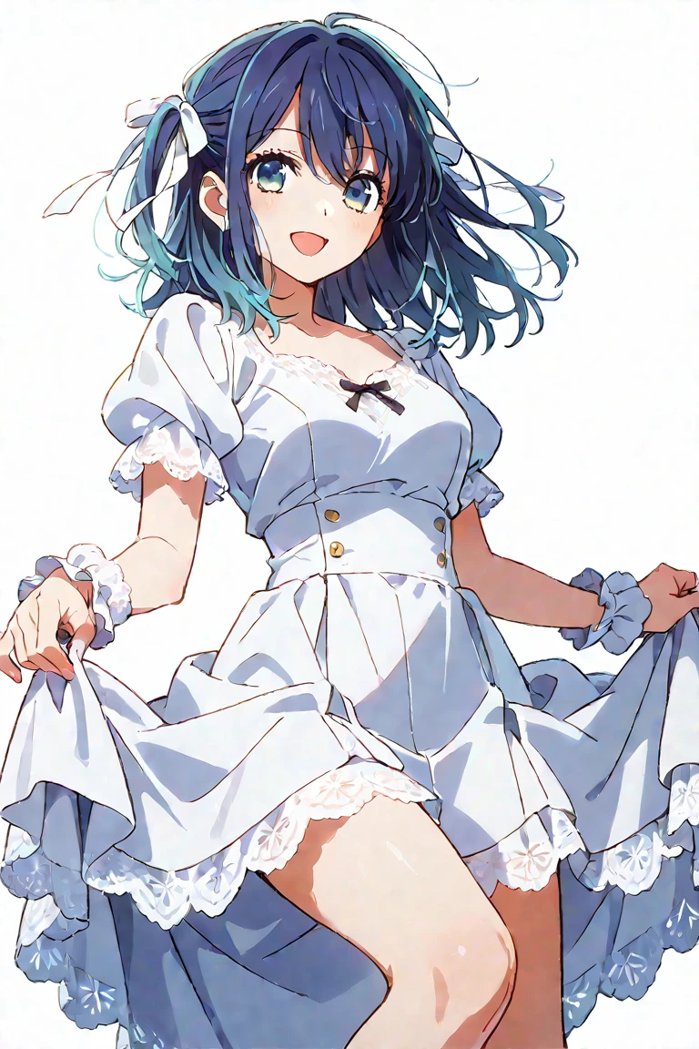 hands back, sexy pose, horny smile, light blue short-sleeved shirt, loli, woman, big breasts, white dress, light blue belt, small floral prints, light blue pointed high heels, white socks, white sun hat Wide Brims, Best Quality, Masterpiece, Illustration, Extremely Delicate and Beautiful, Extremely Detailed, Amazing, Finely Detailed, Masterpiece, Best Quality, Official Artwork, High Resolution, Extremely Detailed, Beautiful Detailed Woman, Thick Legs, Big Thigh , beautiful detailed eyes, light on face