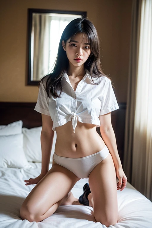 araffe asian woman in white shirt and panties sitting on a bed, korean girl, in white clothes, smooth white tight clothes suit, gorgeous young korean woman, gorgeous chinese model, sexy girl, beautiful asian girl, sexy pose, hot with shining sun, smooth body, beautiful south korean woman, japanese goddess, smooth translucent white skin, elegant seducing pose, attractive pose