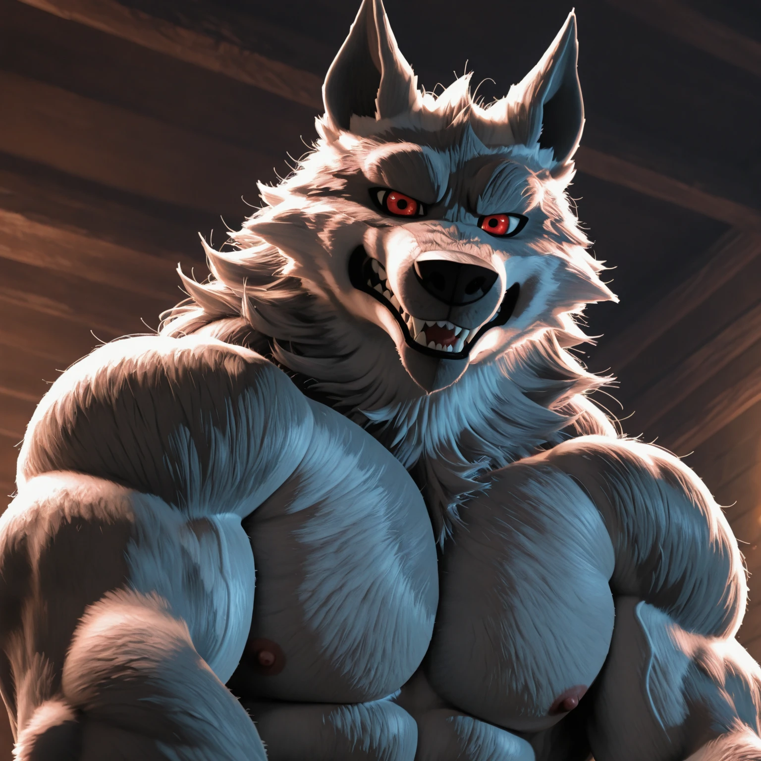 Death is a anthropomorphic silvery-white wolf with an elongated snout, gray mask-like markings on his face, sharp teeth, and glaring sinister red eyes, who has a well-built body, and carries a pair of razor-sharp sickles, anthro wolf, male, adult, grey fur, buffed body, sexy, beefy body, furred body, beautiful, furry chest hair, realistic, full body, photorealistic, ultra realistic, 8k, night, bare-chested, sexy butt, fluffy butt, in back turned posing 
