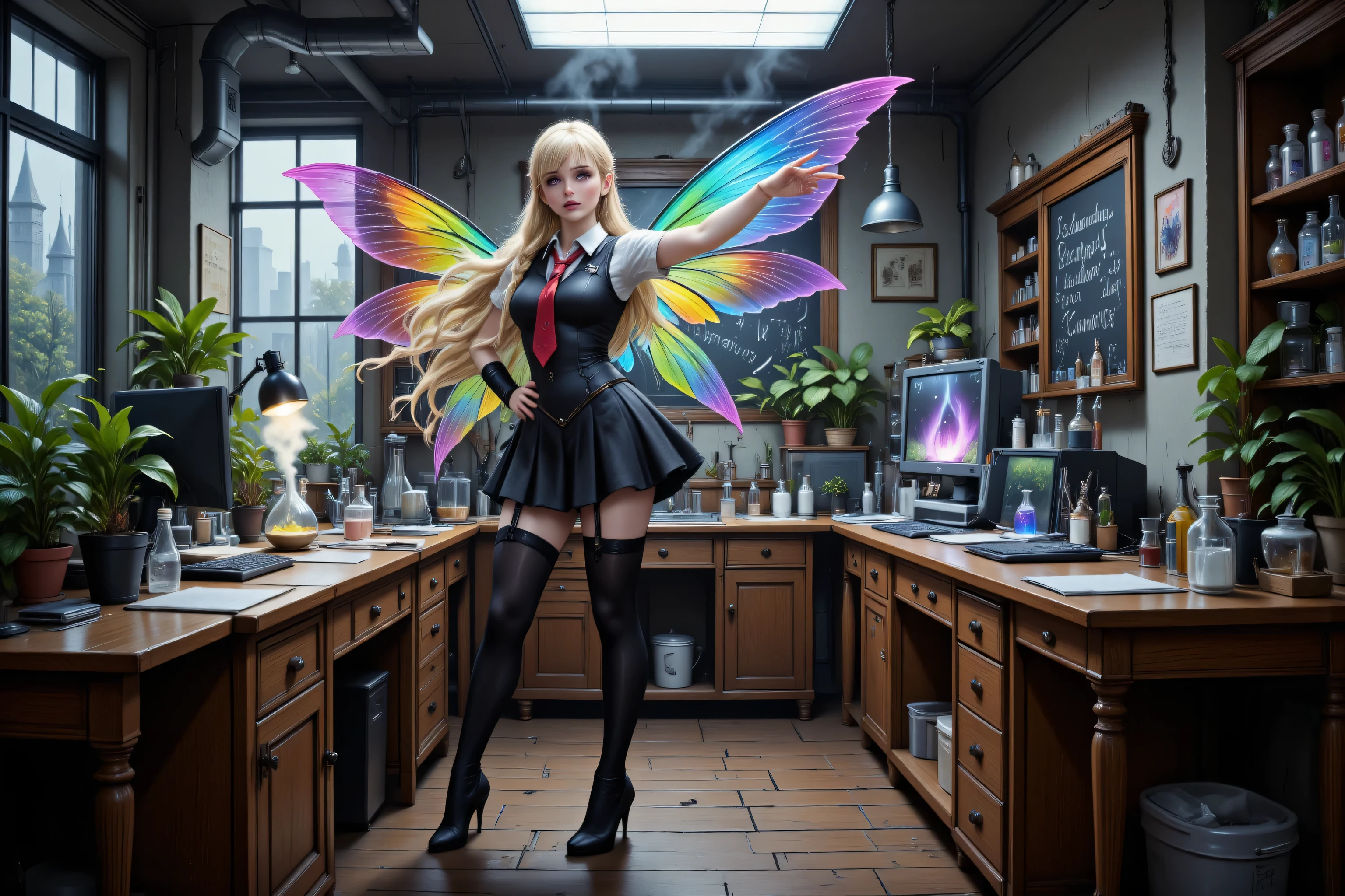 Faeothic,zavy-ctcmcs,w1n,hyp3rd3tail style,a picture of dark goth  fairy in her school science lab, casting a spell on dark plants, that grow wildly an exquisite beautiful female fairy, long blond hair, braided hair, dark colorful wings, pink eyes, wearing school uniform wearing red tie, wearing high heels, standing in a school lab, some bickers, vials, smoke rising from science experiment, computer screen, best quality, 16k, [ultra detailed], masterpiece, best quality, (ultra detailed), full body, ultra wide shot, photorealism
