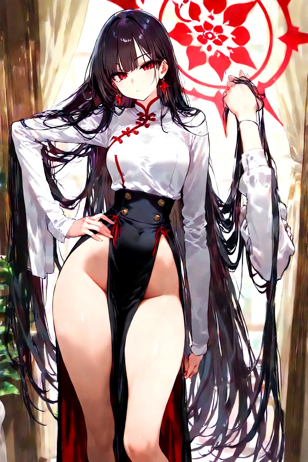 (((A real beauty))), RAW Photos, Black Hair、folder、Round eyes、False eyelashes、Straight Hair, Wavy Hair、 correct、Crimson lipstick、Striped Hair、Brown Hair、Blue Hair、(Gradient Hair)、Asymmetrical Hair、Hair behind the ear、Crossed bangs、Long Hair、((お尻までLong Hair))、Long Hair、Straight bangs、Smooth, silky hair、Hair up on one side、とんでもなくLong Hair、Light brown eyes、Ring Eye、Round eyes、Wicked Smile、A light smile、Cast a Shadow、(Extraordinary presence)、Atmospheric perspective、Backlight、Exposure、Lens flare、、最high quality、超High resolution、超High resolution、Very realistic, masterpiece、correct、Textured skin、high quality、最high quality、Awards、32k, 髪のfolder、Cunning、A light smile、Shy laugh、Redness in the ears、correct、Subjective、Shine、360° View、Very detailed、超High resolution、解剖学的にcorrect、masterpiece、Emphasize the chest、High resolution、High detail、Long eyelashes、A slight blush、Compensate, (((Full Body Shot)))、Arms raised pose、Shooting from a distance、Various angles of view、