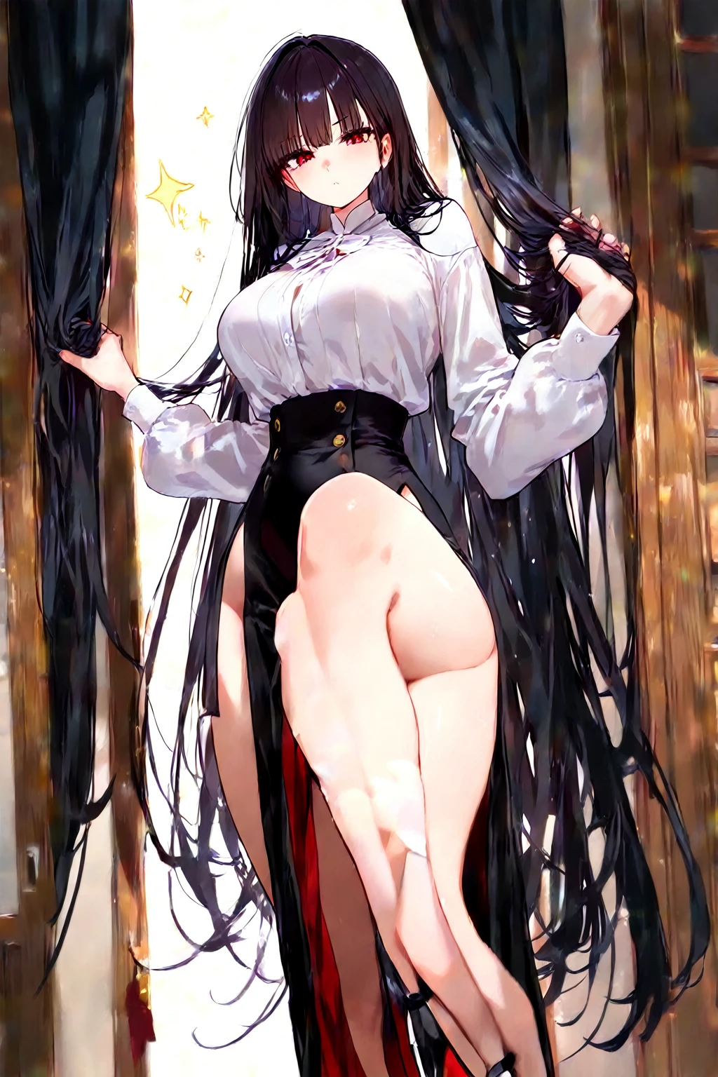 1girl. Japanese petit. Smile. (masterpiece). (best quality). (insanely detailed). Nude. nsfw. Slit Pussy. Close up Mons pubis. Flat chest. Upright standing posture. from below.