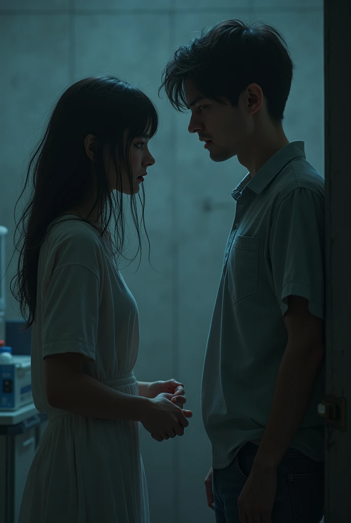 A girl inside a bathroom, standing with a boy, the boy putting his hand inside her skirt