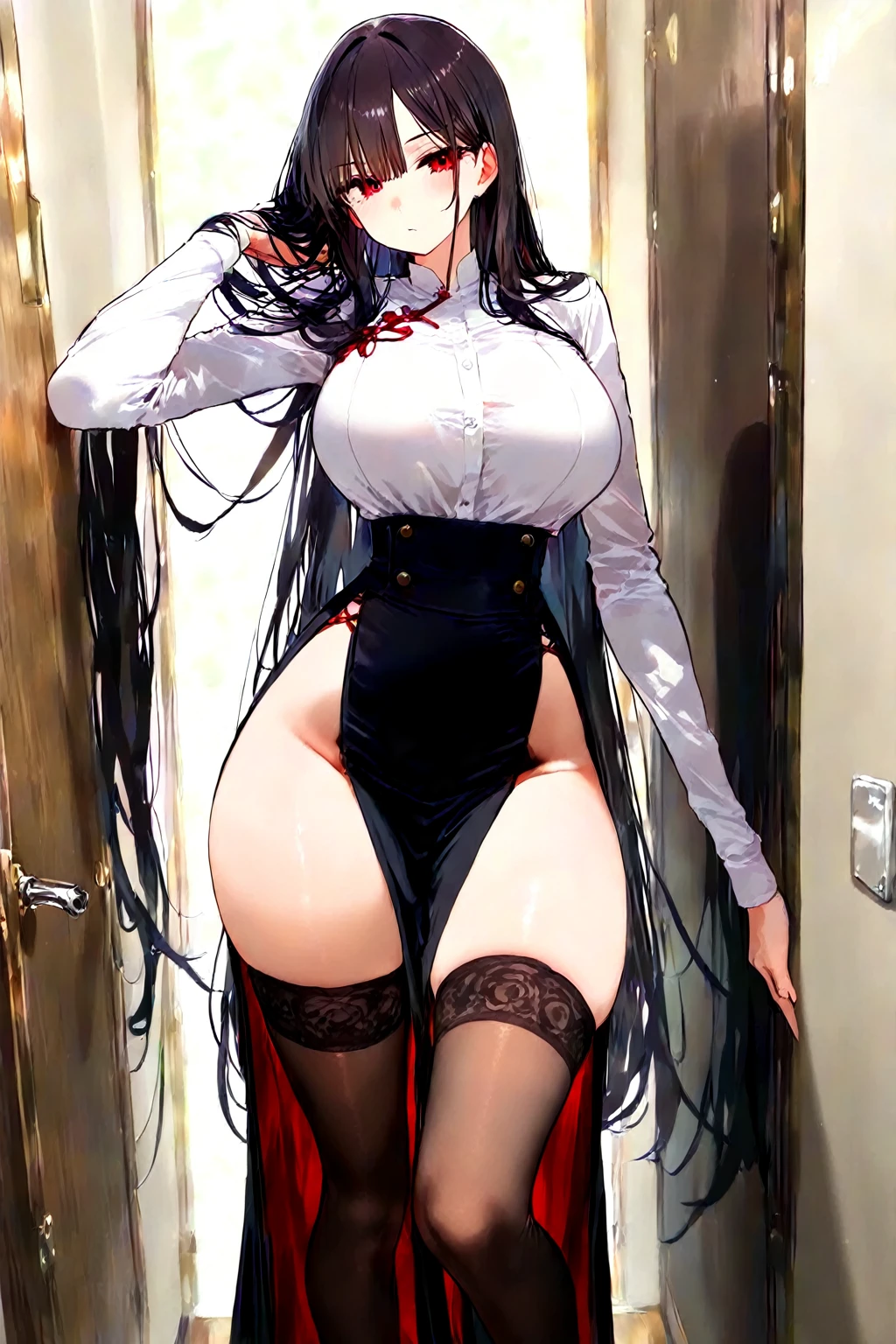 anime, smooth anime CG art, masterpiece, high quality, best quality, 1girl, disheveled hair, focus on face, simple background, long hair, socks, black hair, hair between eyes, calm, dress shirt, long bangs, tied hair, braided hair, dominant eyes, ribbons in hair, crimson red eyes, large breasts, breasts, perfect face, perfect legs, no pants, full lips, add_detail:-3