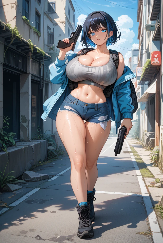 A girl standing on the ground with a bikini and black military hat, a broken street, blue and grey atmosphere, wet environment, cloudy day, (best quality,4k,8k,highres,masterpiece:1.2), dynamic, broken buildings, ultra-detailed, realistic:1.37, professional, HDR, dark background, sharp focus,