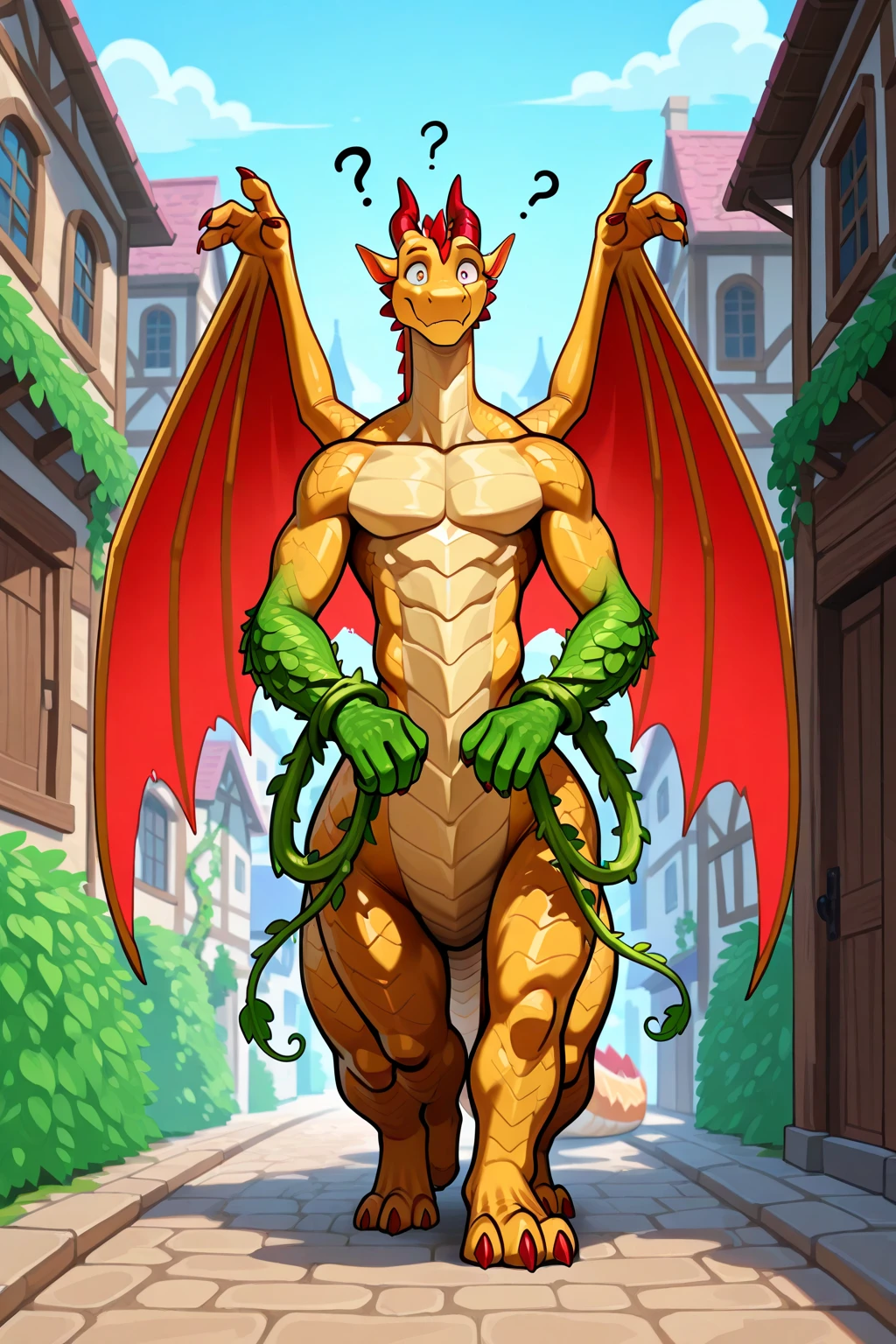 8k, fine details, (ultra detailed), a beautiful and detailed full size portrait of a male anthro dragon ((dragon wings, tail)), red eyes, eyes, tail, bedroom eyes, High Dynamic Range, cinematic shot, detailed eyes, big body goddess, kenket, Ross Tran,ruan jia, vip, trending on artstation,foxovh, cenematic lighting, muscular anthro, big pecs, buff, abs, (((nipples, penis,)) full body, looking at viewer, front view, standing, arms behind head, strong legs, holding a bag of gold, arms armor, legs armor, chest armor, open mouth, ((close up view)), pose, smile, medieval castle road, detailed background,
