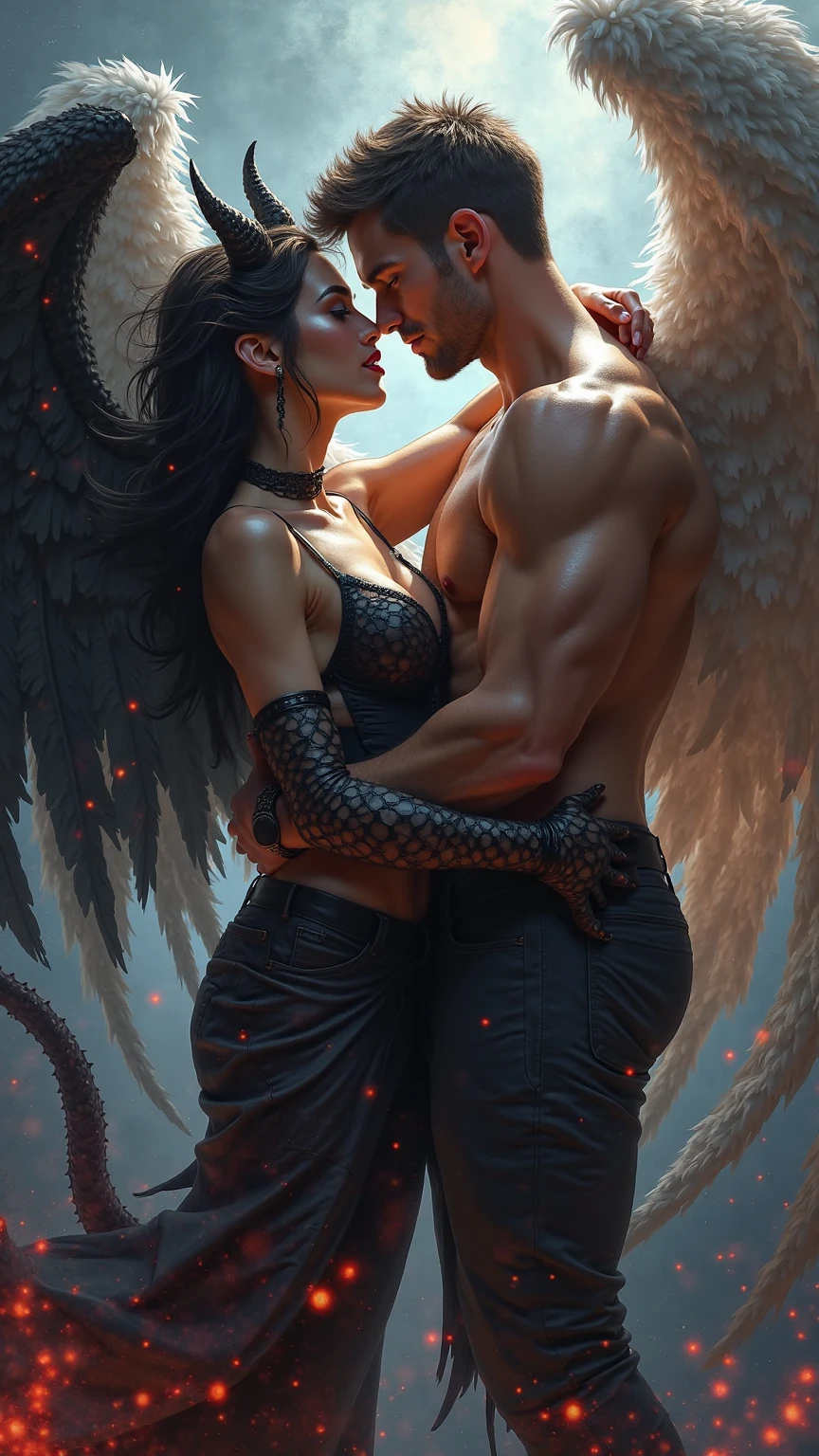 white (male_angel:1.1) has wings and feathers, he hugs female_devil, she has beatiful face and bat wings, she is muscular, dark,fireflies, midnight moonlight backlight,(cinematic lighting)