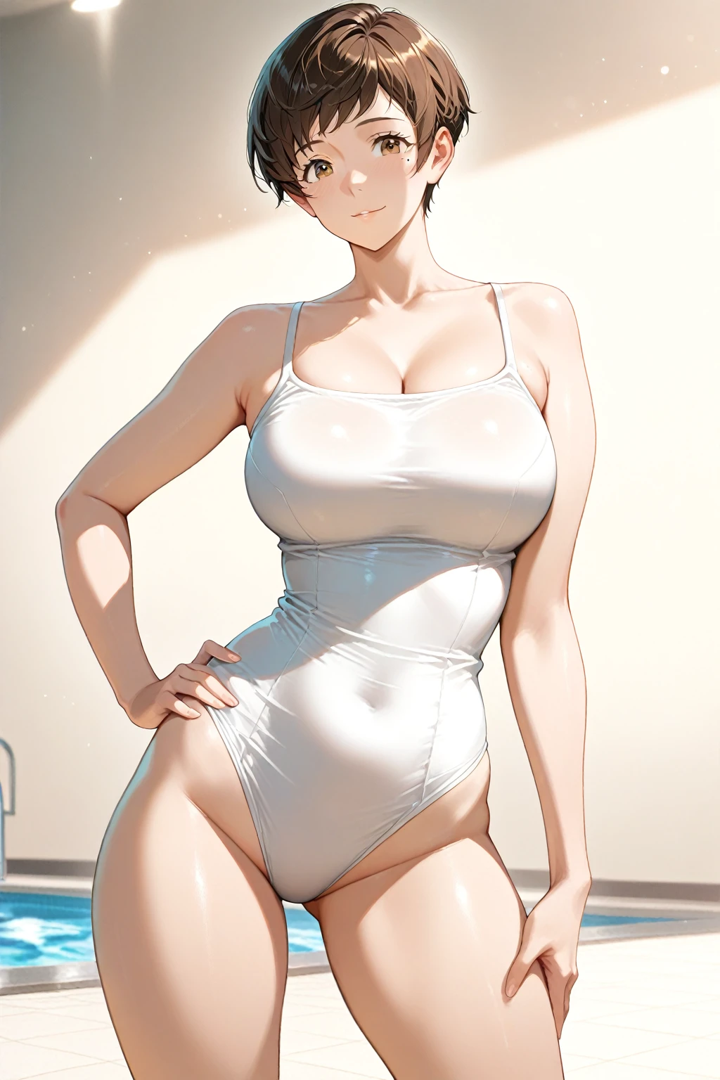 full body photographed、​masterpiece、top-quality,hight resolution、Dark hair、Big eyes、weak、High leg cut swimsuit、white sporty boots、Sweaty skin、Professional wrestling venues、professional wrestling、（（On the ring of professional wrestling：1.1））、Red face、45 year old woman,mature Woman （（She's standing：1.2））、（tiny breasts:1.2）、Embarrassed look,mom,japanese,topless,nipples,from the front,shy,black nipples,naked,boxer,skiny,thin